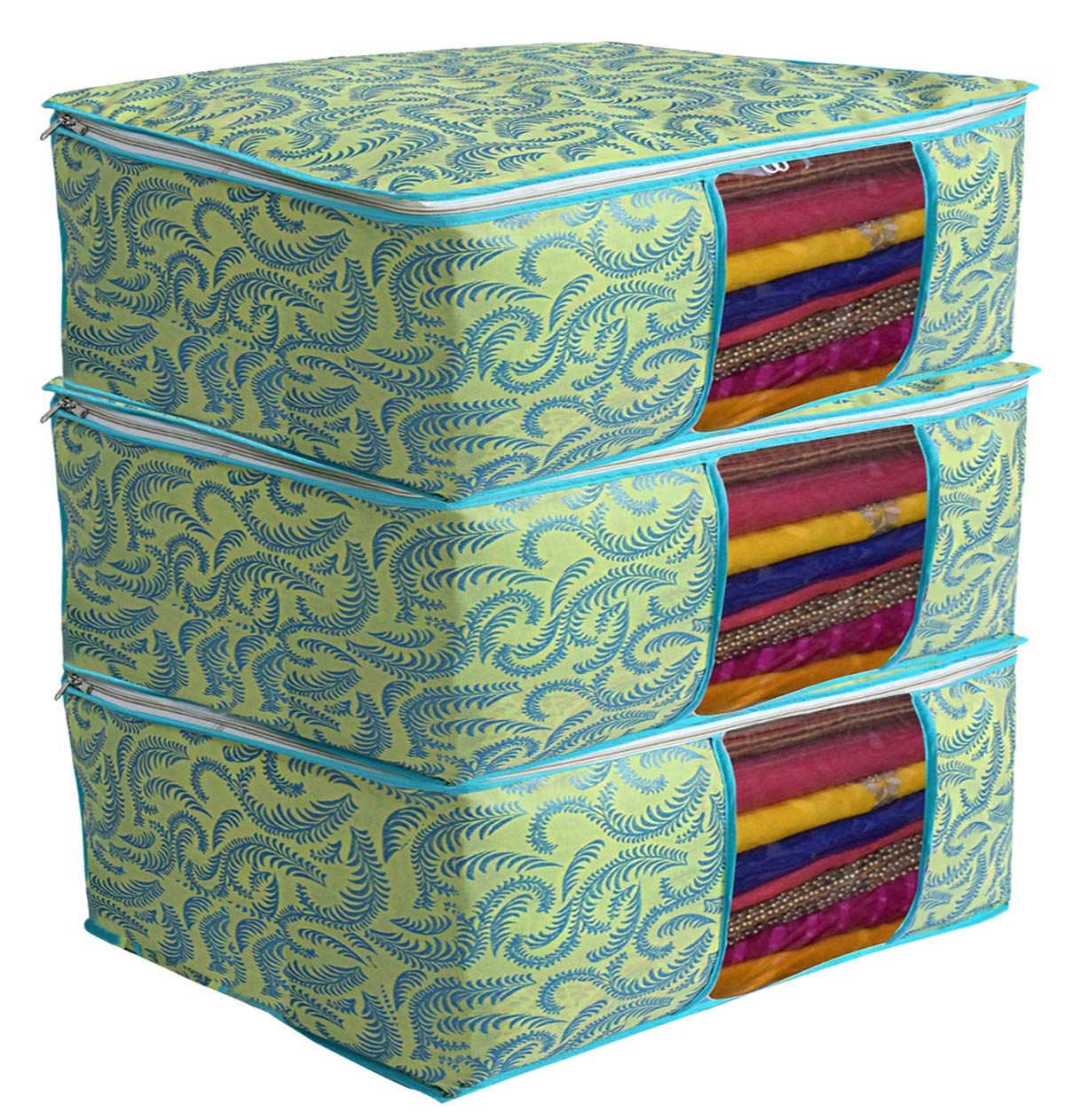 Kuber Industries Non-Woven Metalic Print 3 Piece Non Woven Saree Cover Set, Green