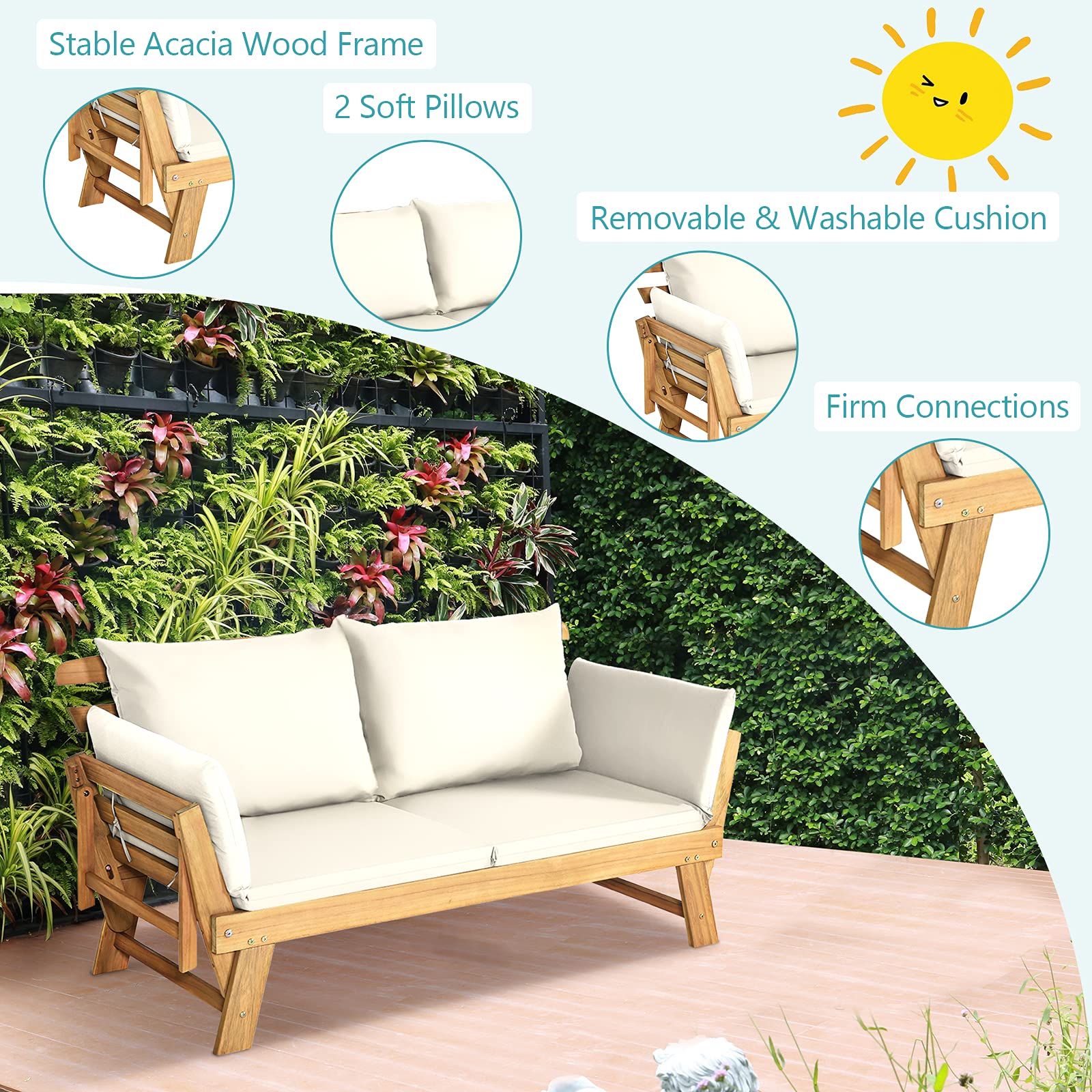 GIANTEX Divano Esterno da Giardino 2 Posti con Cuscino，Set da Giardino in Legno Certificato FSC®，Sdraio da Giardino Pieghevole da 2 Persone,153/194 x 72 x 76 cm，Beige/Grigio