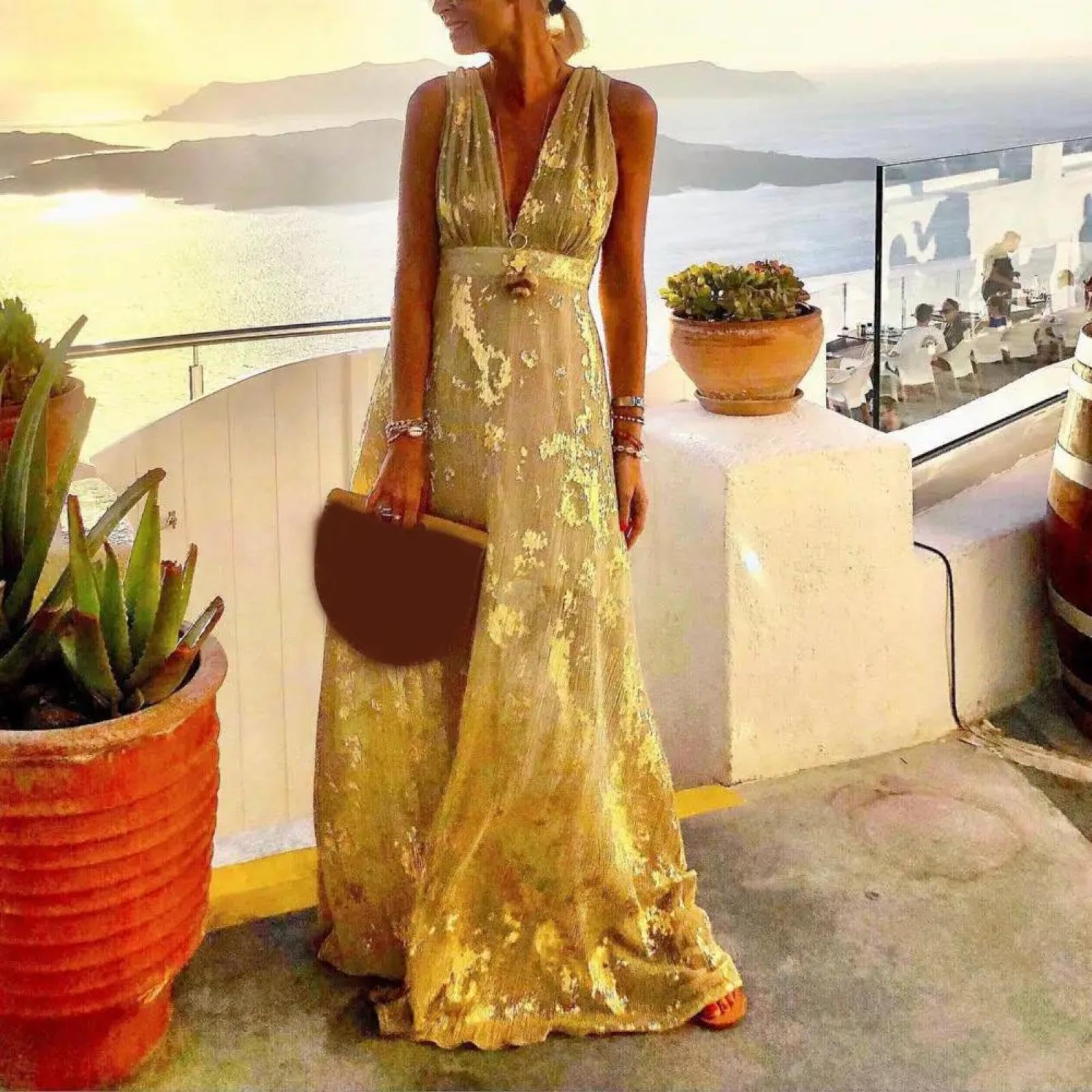 Hübsche Kleider Dress Damen Sexy Kleid Frauen Elegant Urlaub Langes Kleid Tiefer V-Ausschnitt Ärmellose Taille Eng Fließender Saum Party Abendkleid