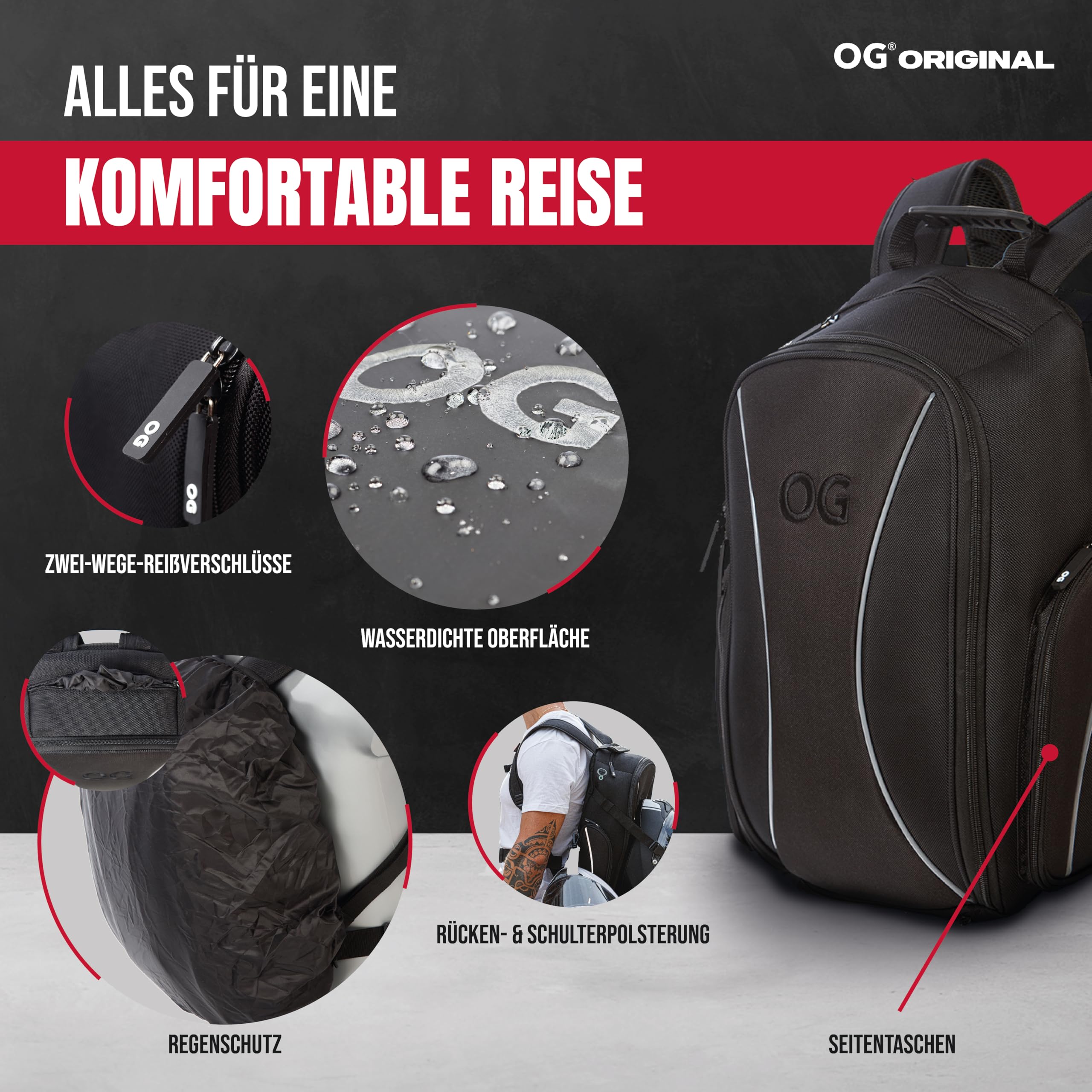 OG Original Motorrad Rucksack GO Schwarz Wasserdicht, 20L, Motorradhelm-Tasche, Helm-Trageriemen, Biking, Mann, Laptop-Fach, Reflektierend, Anti-Diebstahl