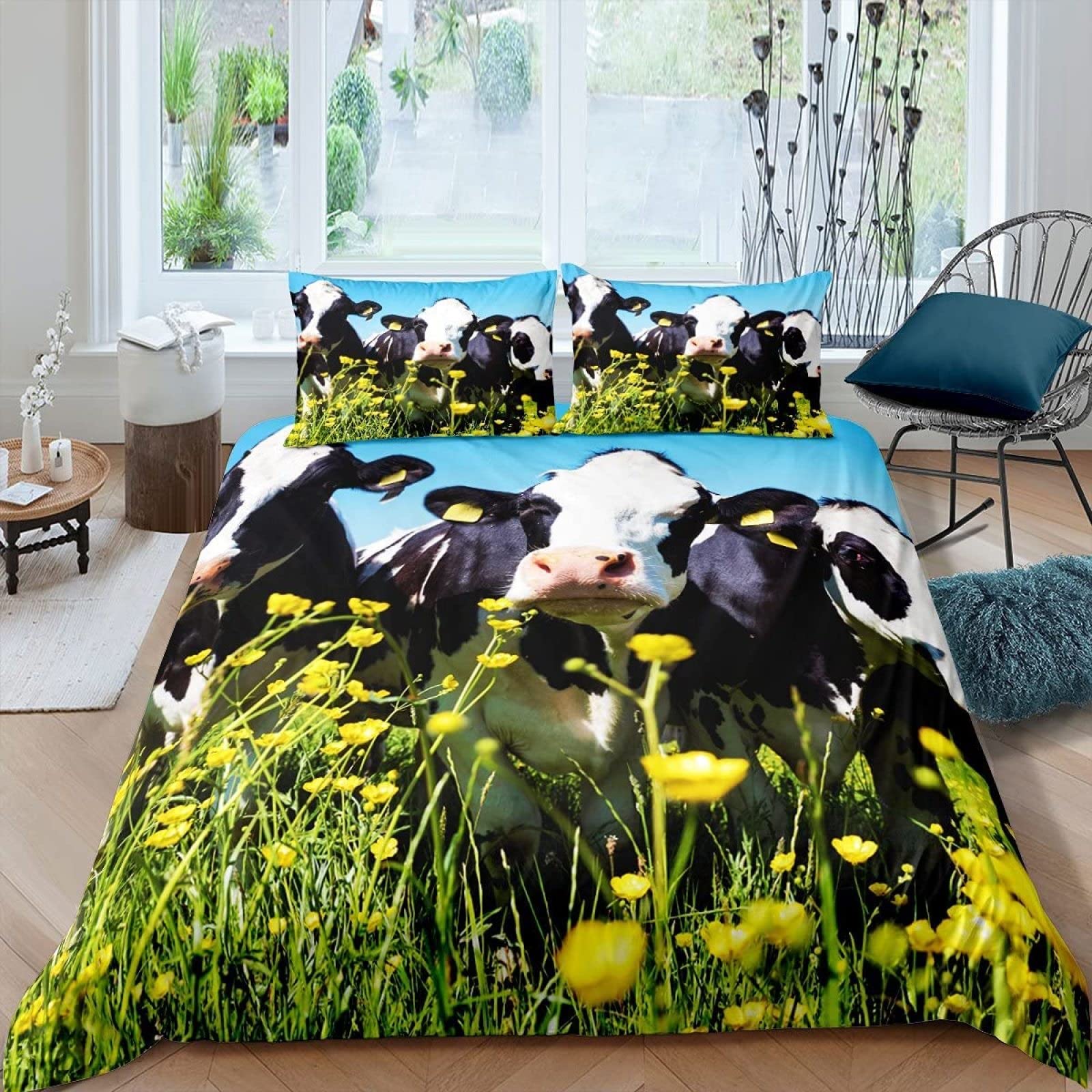 Hiser 3D Parure De Lit, Sets De Housse De Couette Vache Imprimé, Ensemble De Literie 1/2 Personne Microfibre Enfant Adulte Housse De Couette Avec Taies D'oreillers (Noir Blanc,200x200cm