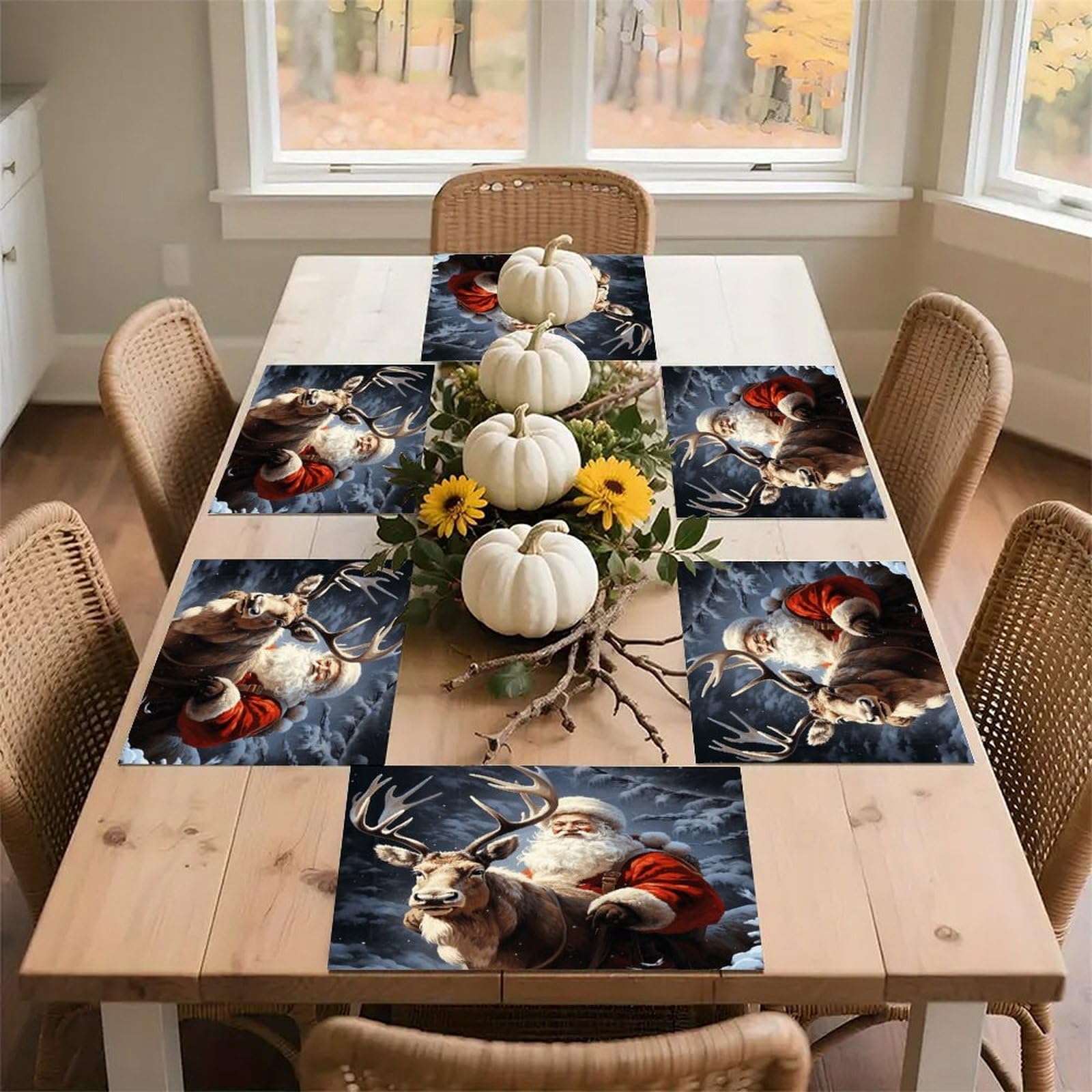 Santa Claus and Deer Elk Placemats Non-Slip Heat Resistant Table Mats Flax Washable Cloth Place Mats Easy to Clean Premium Placemat for Kitchen Dining Table Decor Party Outdoor