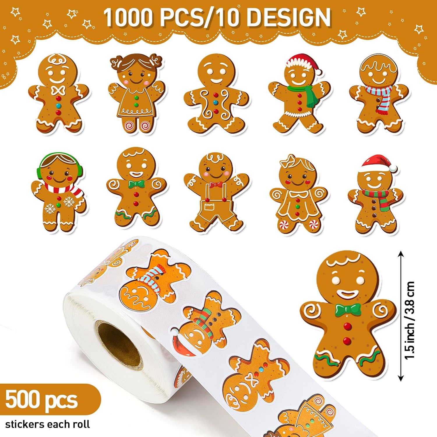 Containlol 1000 Pcs Red Heart Rhinestone Stickers 2 Rolls 1.5 Inches Valentines Day Stickers Love Theme Self Adhesive Seal Decals for Gift Bags Greeting Cards Party Supplies(Gingerbread Man) - Image 2