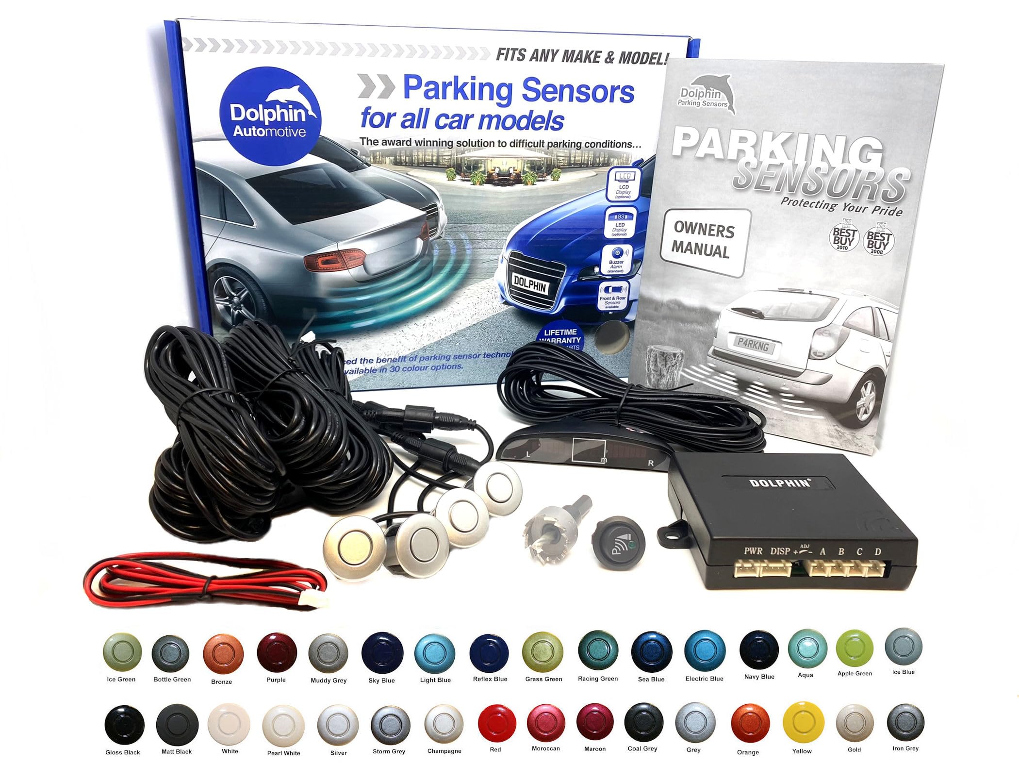 Dolphin Automotive DPS450F Front Parking Sensors In 32 Colours 4 Ultrasonic Radar Sensors Kit Audio & Display Alert System Matt & Gloss Black +30 More Colours (Sea Blue)