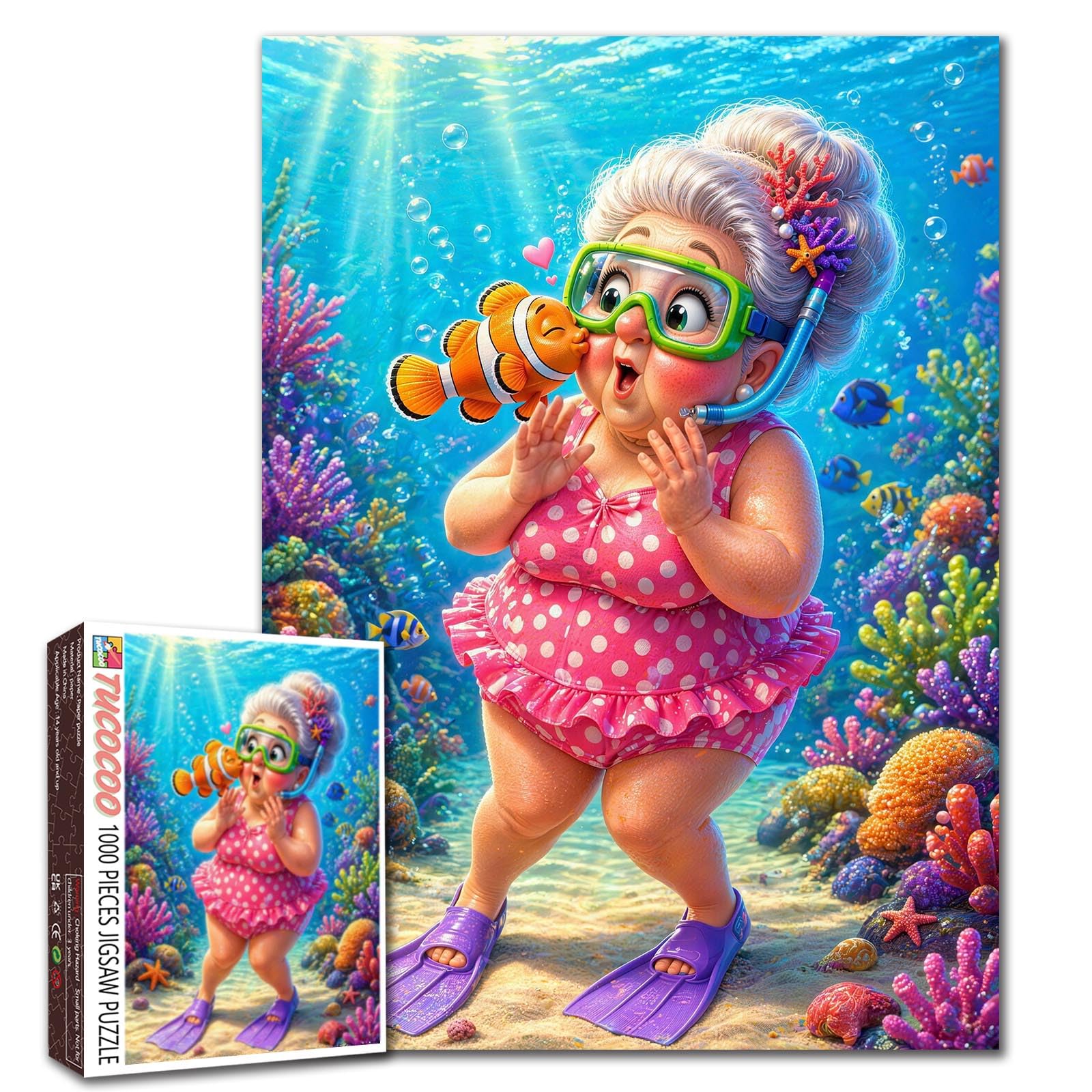 Funny Grandma Jigsaw Puzzle 1000 Pieces for Adults Cute Underwater Old Lady Snorkeling with Fish Puzzle Colorful Coral Reef Relaxing Challenging Puzzles Family Activity Game Gift Home Wall Decor