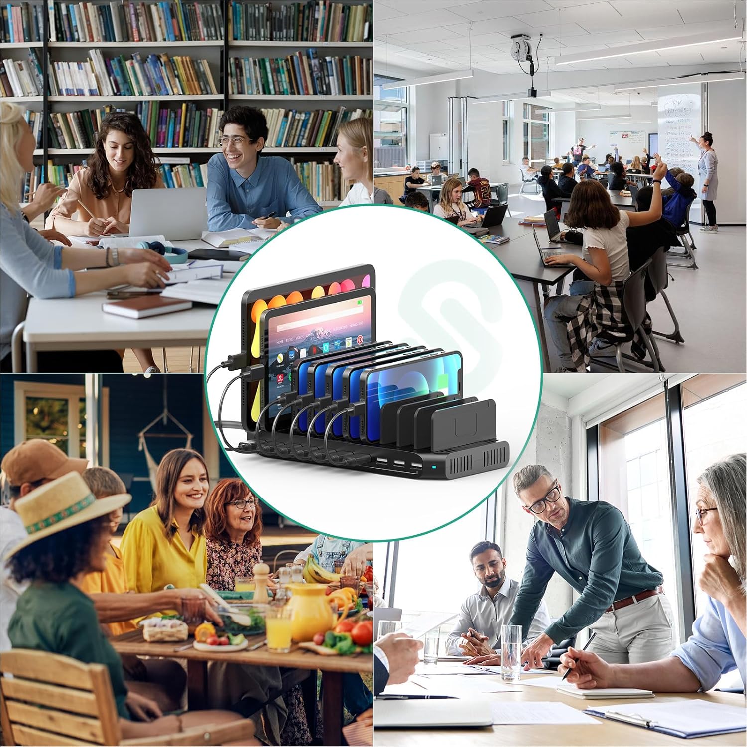 10-Port Multi Charging Station, 60W USB Tablet Charging Station for Multiple Devices, USB Charging Dock Multi Device Charger Organizer with Adjustable Dividers for Tablets, Smartphones