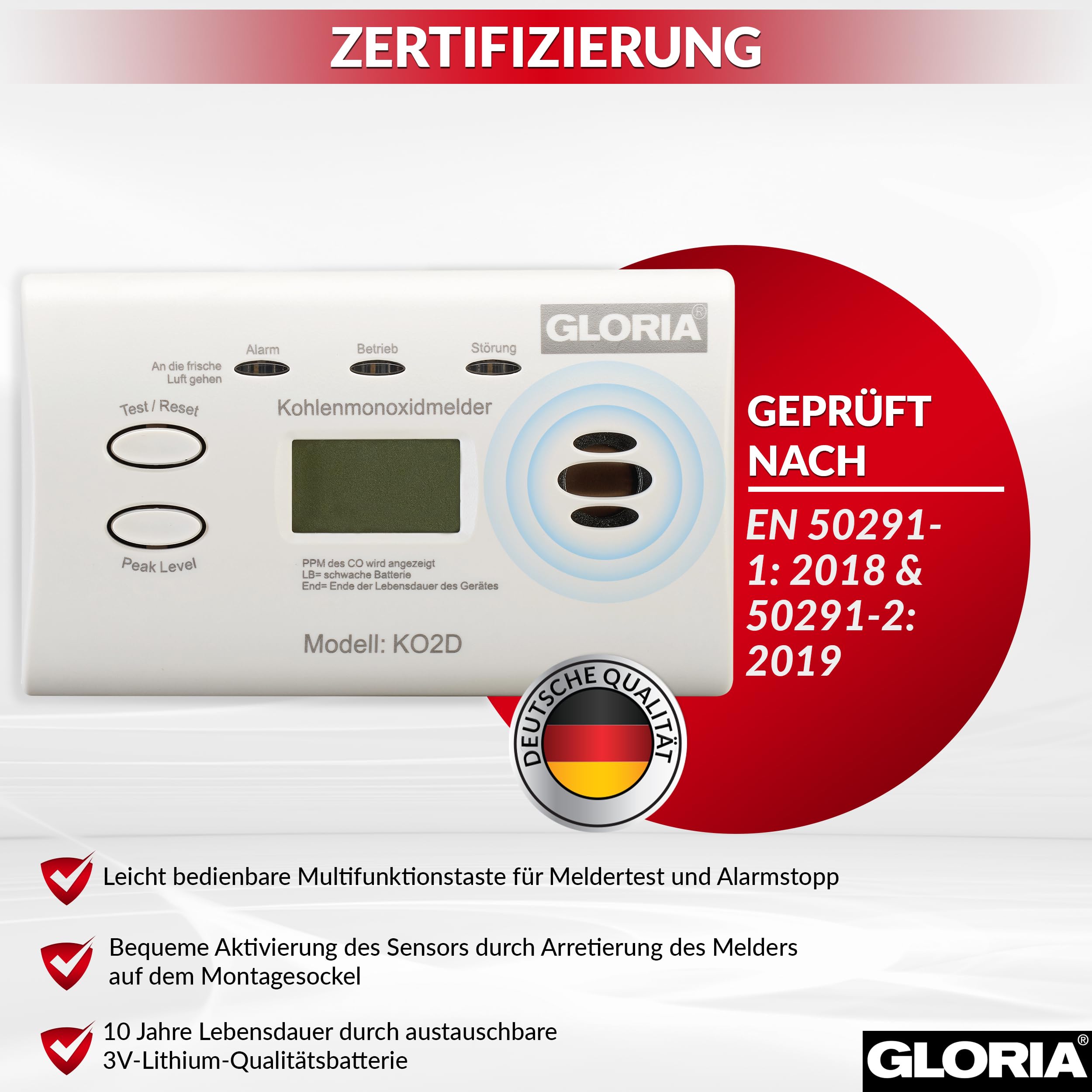 Gloria 2X KO2D Kohlenmonoxidmelder mit 10 Jahren Garantie und wechsebaren AA Batterien