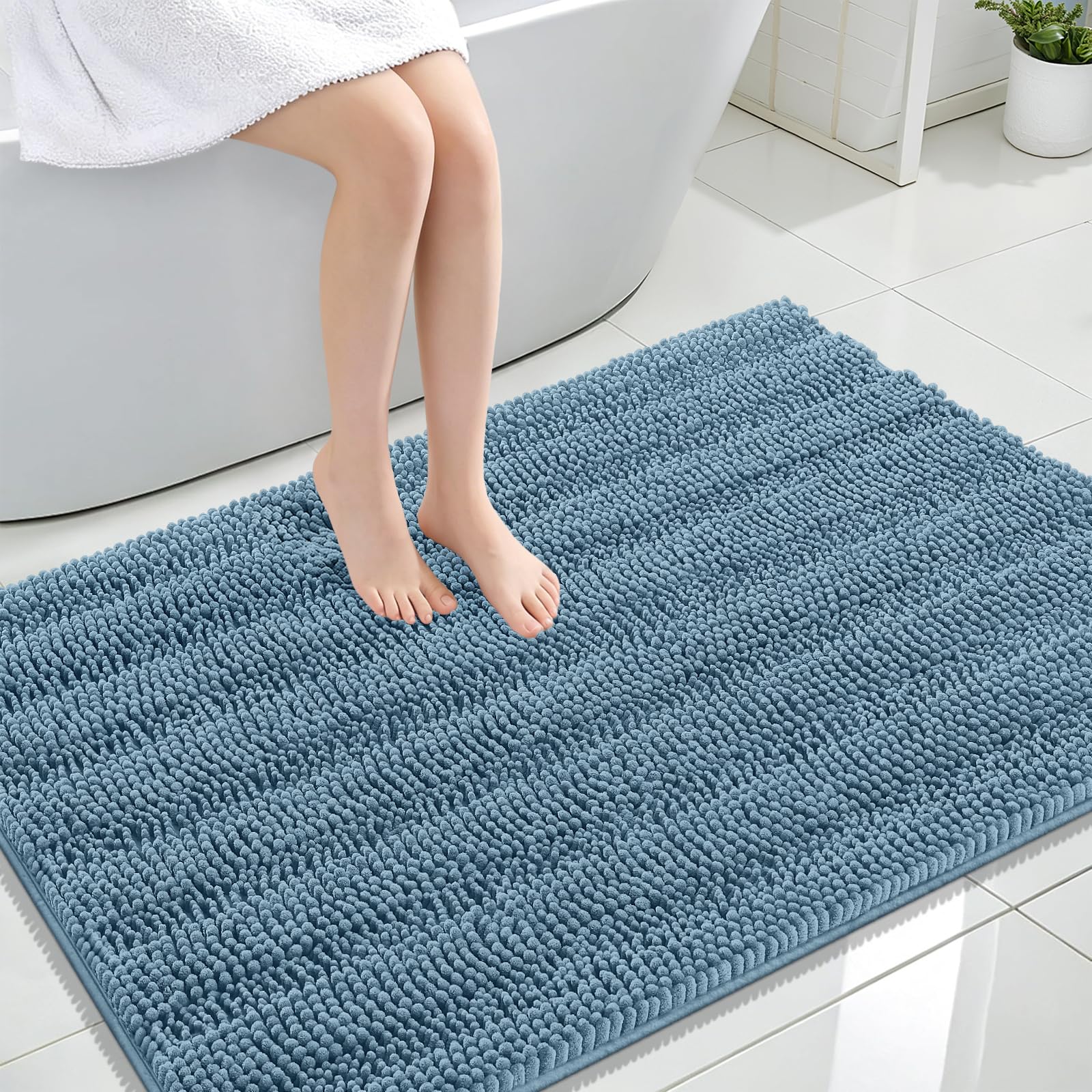OLANLY Thick Large Bathroom Rugs 44x32, Soft Chenille Bath Rugs, Airy Blue