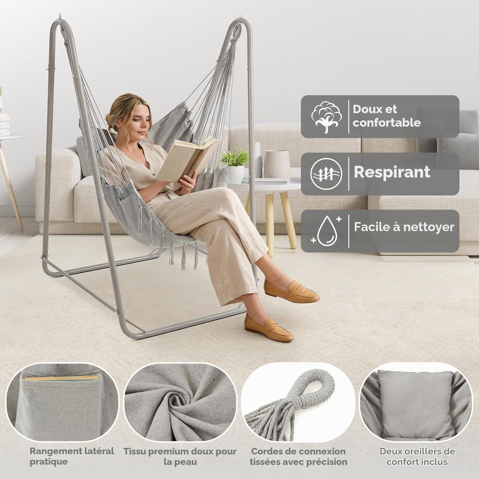 Chaise Suspendue en U avec Support, Chaise Suspendue en Acier Robuste avec Support intérieur et extérieur, Base Stable, capacité 100 kg, Assemblage Facile - Gris