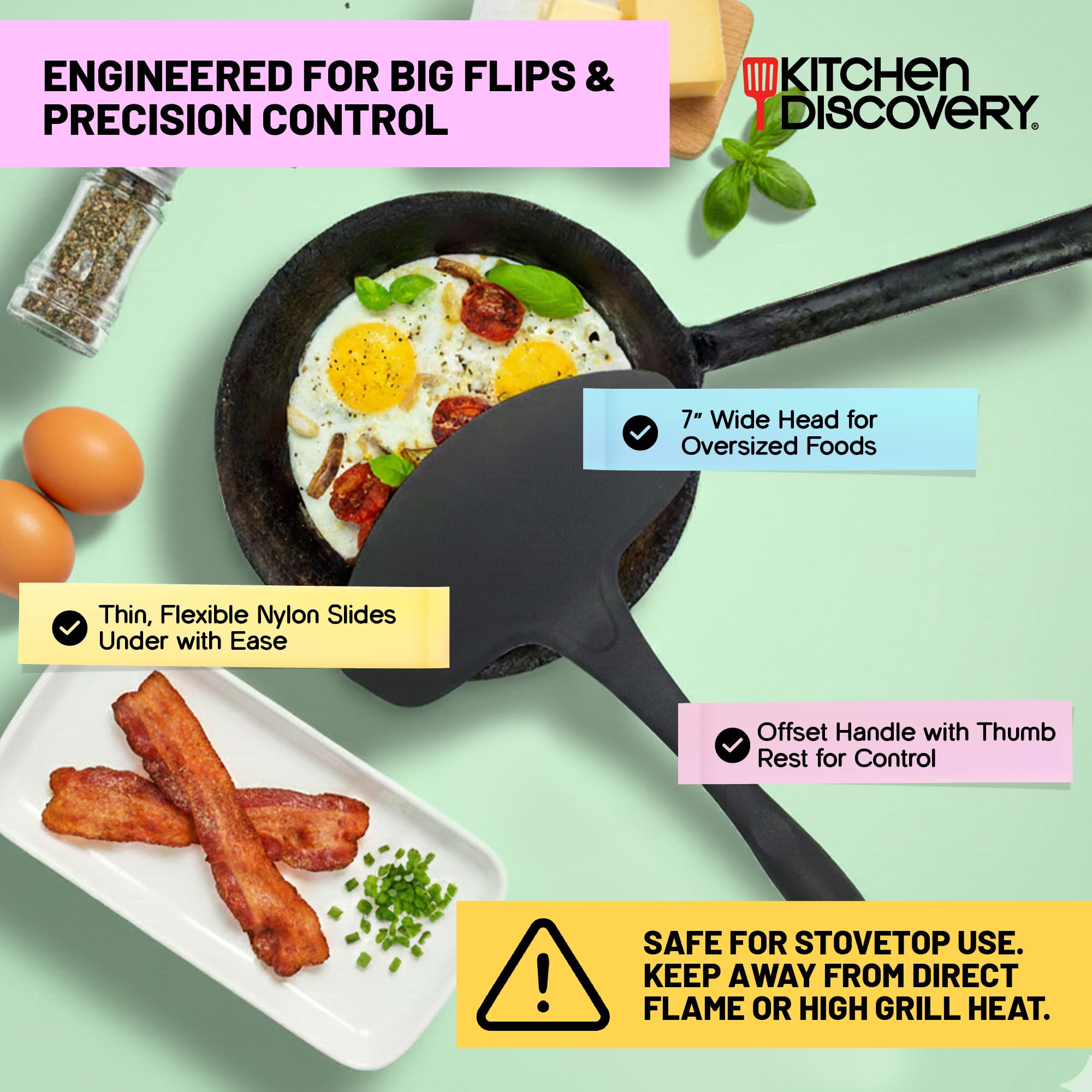 Flexibler extra breiter Spatel – Kitchen Discovery – 17,8 cm breiter Eierwender, Pfannkuchenwender für Spiegeleier, Pfannkuchen, Omeletts und Fisch – Nylon-Spatel für antihaftbeschichtetes
