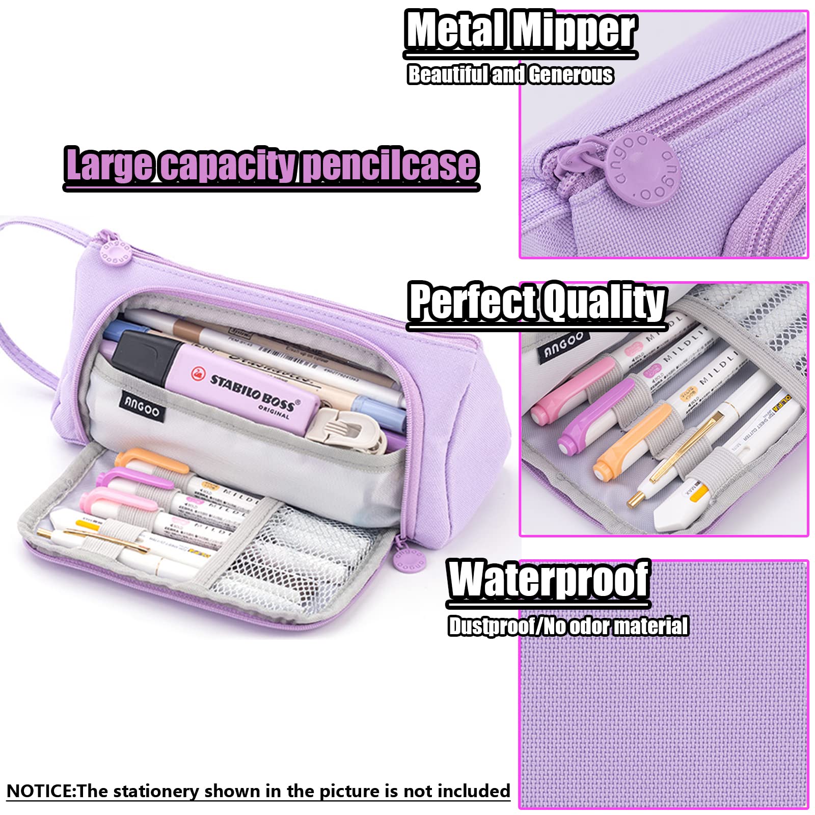 X SIM FITNESSX Pencil Case Teenager Girls Pencil Case Pens 3 Compartments Pencil Case for School and Office (Purple) - Image 3