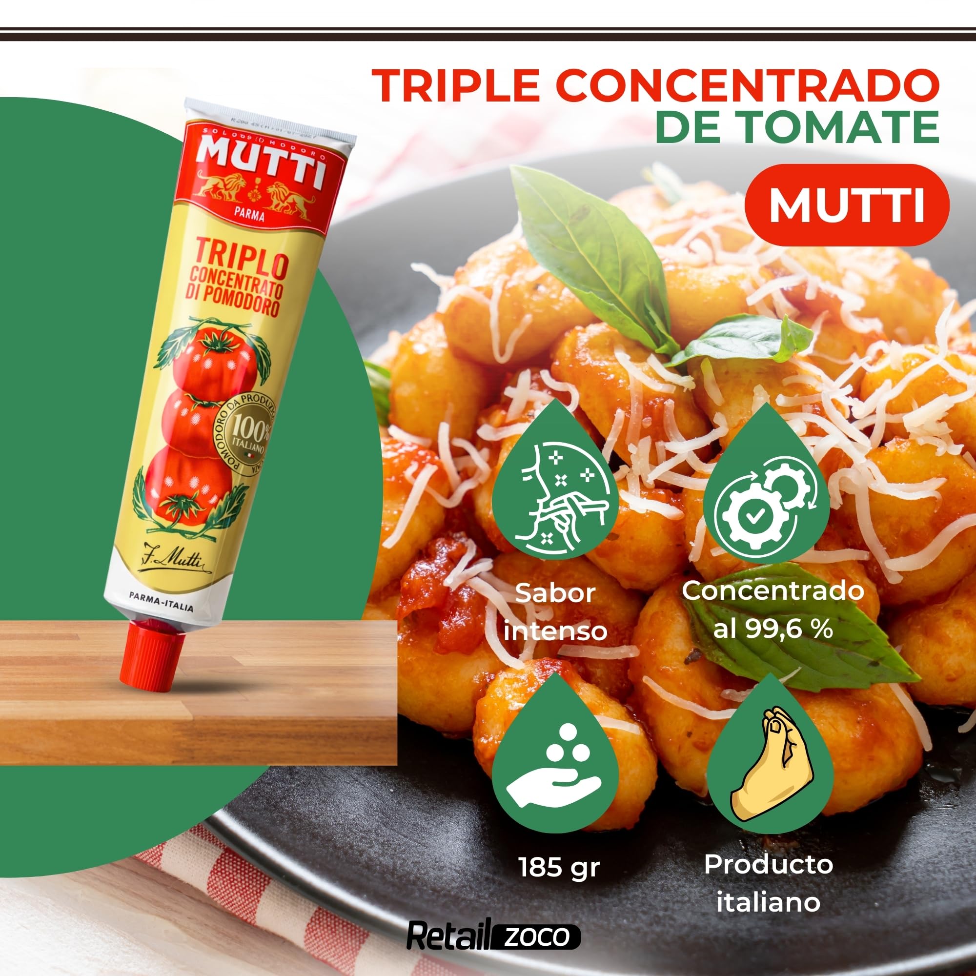 Concentrado de tomate triple Mutti, Pasta de Tomate Triple Concentrada, Hecho de pomodoro 99,6%, sal, Sin Gluten, Sin Lactosa, Sin huevos, Producto Italiano, Contiene 3 tubos de 185 gr - imagen 2