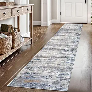 KOZYFLY Modern Abstract Washable Rug Runner 2x8 Hallway Runner Rug Non-Slip Soft Kitchen Runner Rugs, Print Distressed Grey-Blue Striped Carpet Runner for Entryway Bathroom Laundry Room Foyer