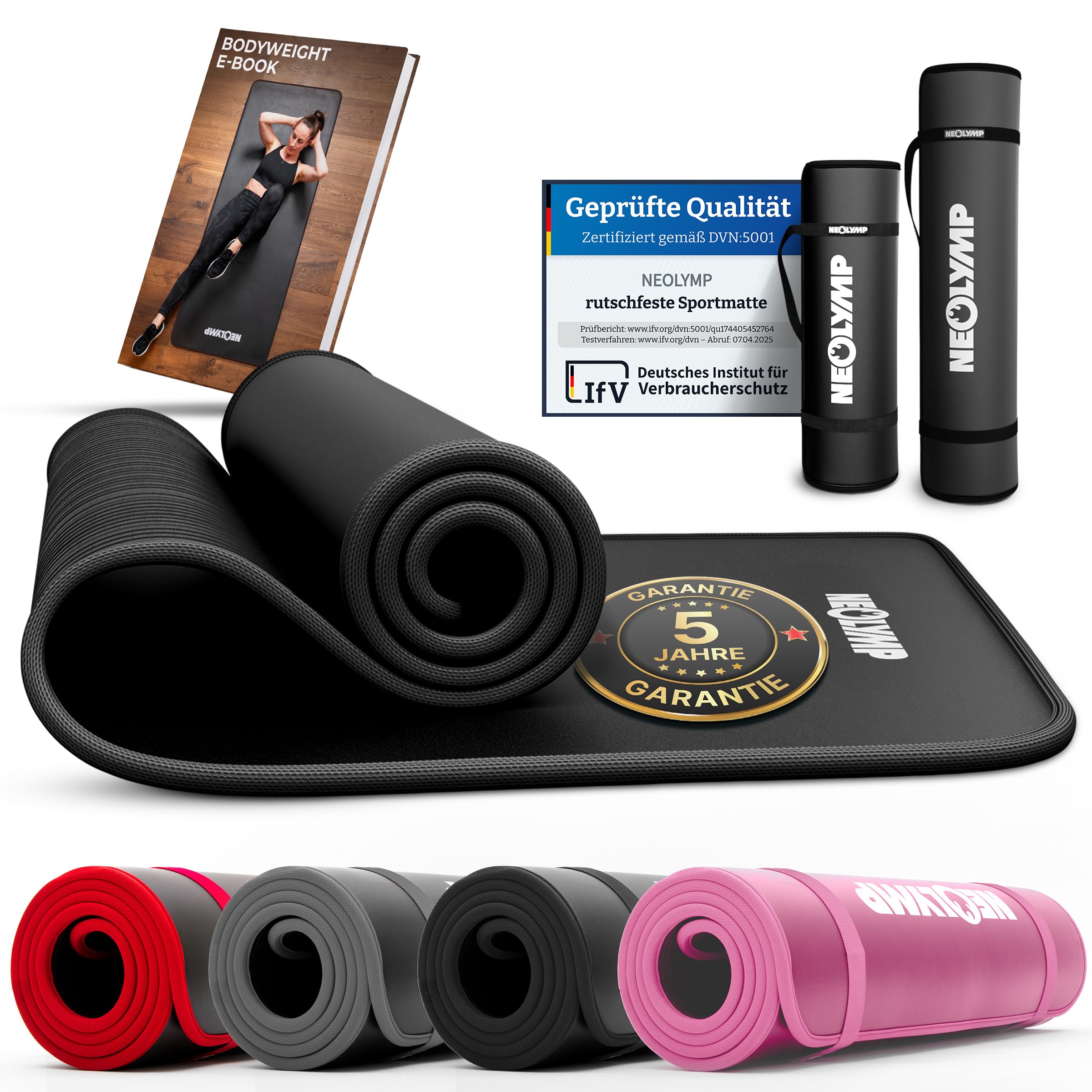 NEOLYMP extra dicke Fitnessmatte rutschfest inkl. Tragegurt & E-Book – Yogamatte, Gymnastikmatte, Sportmatte & Pilates Matte – Trainingsmatte für Zuhause, Studio & Outdoor (schwarz 80 cm)