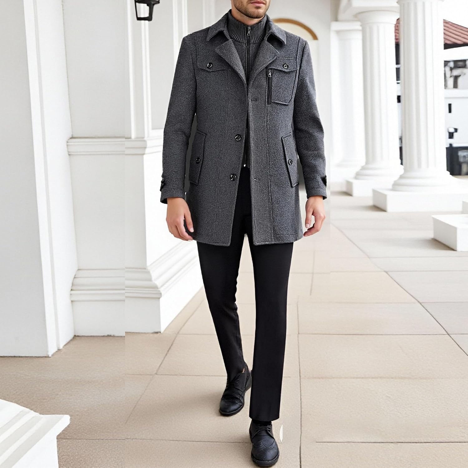 Maiyifu-GJ Men's Winter Warm Wool Blend Coat Slim Fit Single Breasted Quilted Lined Jacket Overcoat