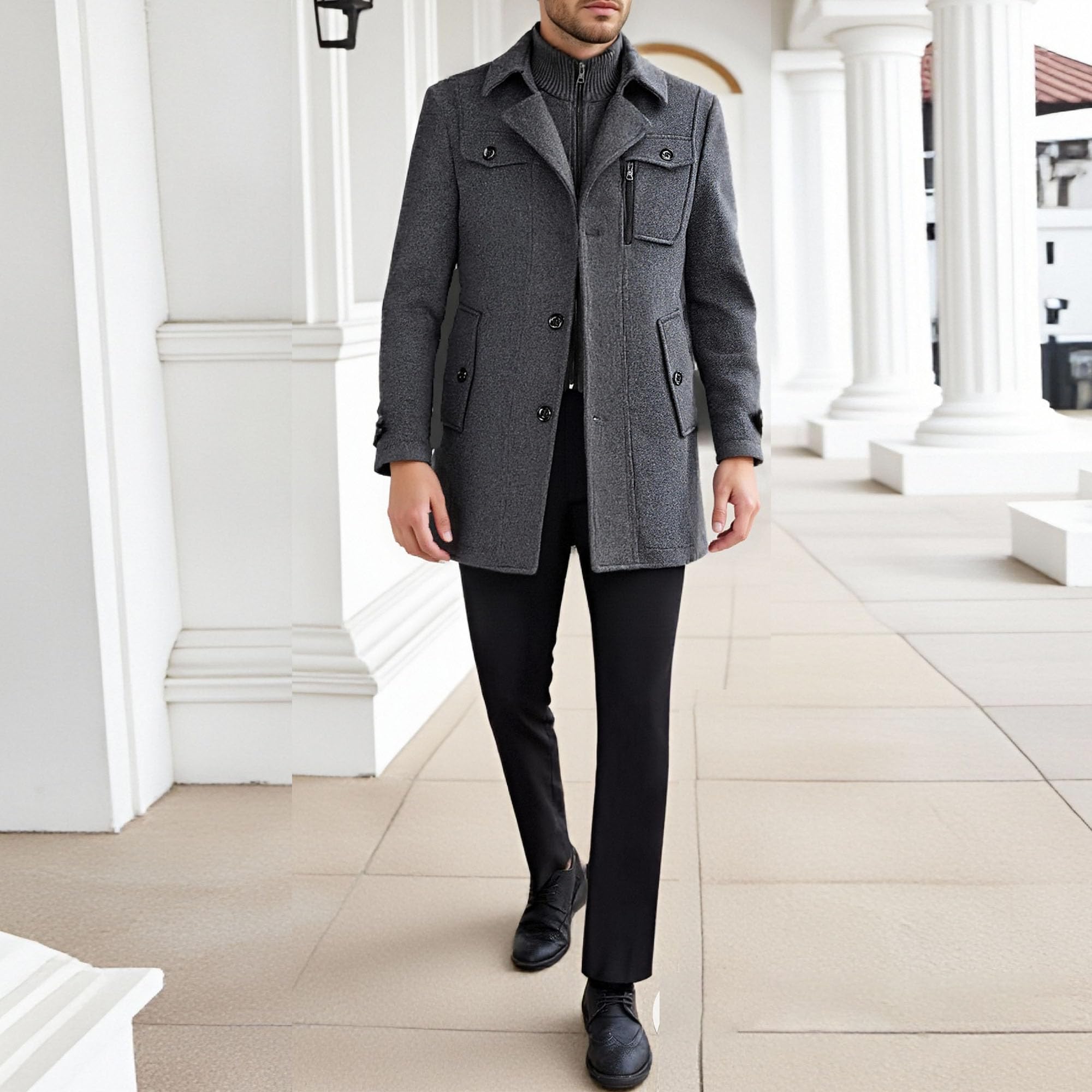 Cappotto lungo in lana da uomo, trench invernale da uomo, monopetto, business, con cerniera staccabile
