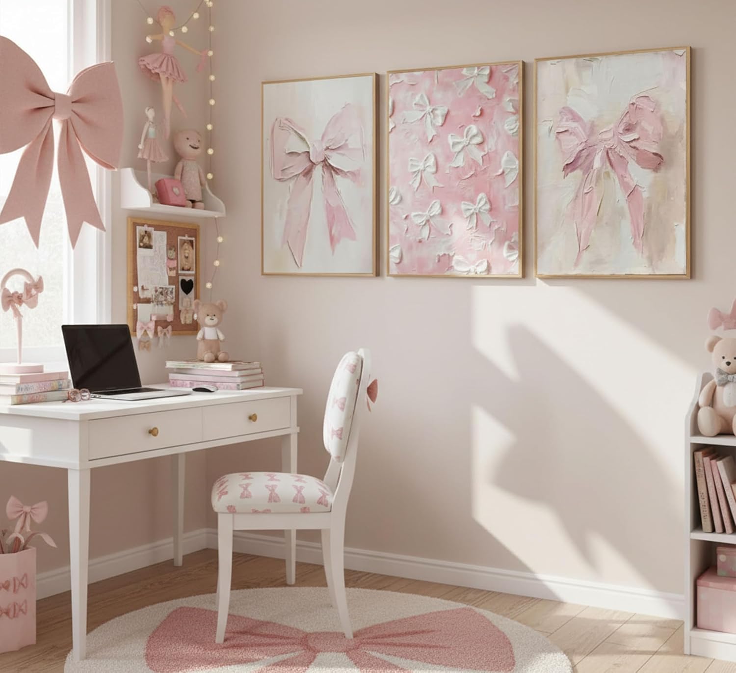 3Pcs Trendy Pink Bow Canvas Wall Art Vintage Cute Preppy Watercolor Bow Painting Pictures Wall Decor Posters Prints Girly Aesthetic for College Apartment Bedroom Decoration Unframed