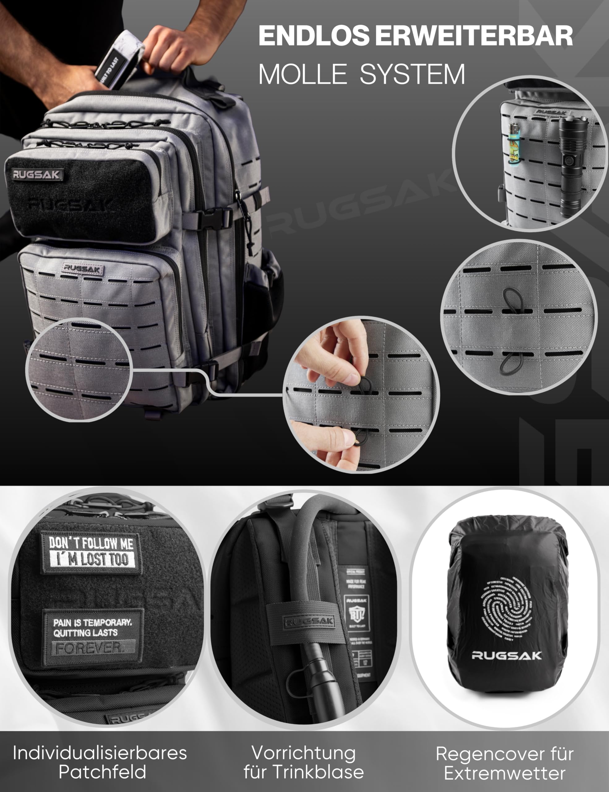 RUGSAK ALPHA | Zaino tattico [15 – 25 L] impermeabile ed estremamente robusto, zaino da sopravvivenza militare, per attività all'aperto, lavoro, escursioni, campeggio e palestra, zaino da viaggio