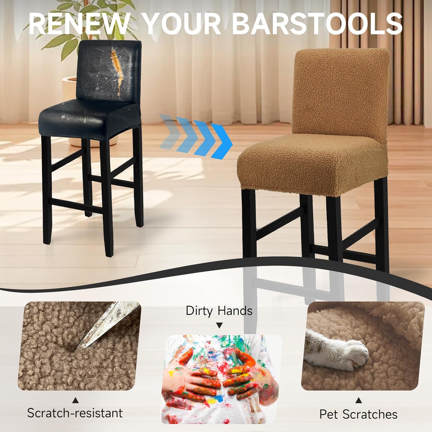 Teddy Wool Bar Stool Covers Soft & Elasticity Barstool Covers with Backs Teddy Barstool Cover Slipcovers Washable Pub Chair Cover for Banquet Hotel Wedding (Brown 4 PCS)