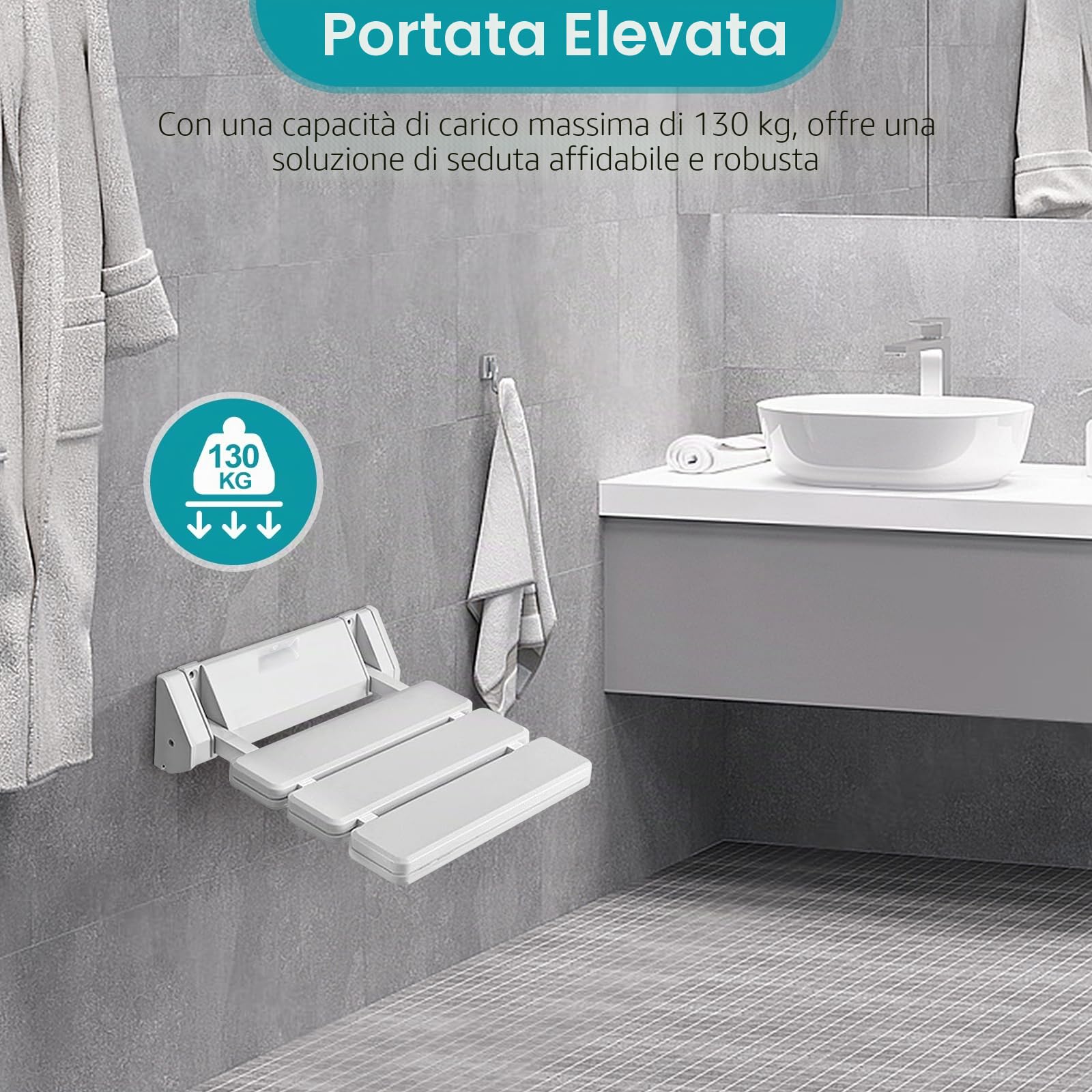 Sedile per Doccia Pieghevole, Sgabello Bagno Montaggio a Parete Pieghevole, Doccia Sedile Sgabello per Anziani, Max. 130 kg