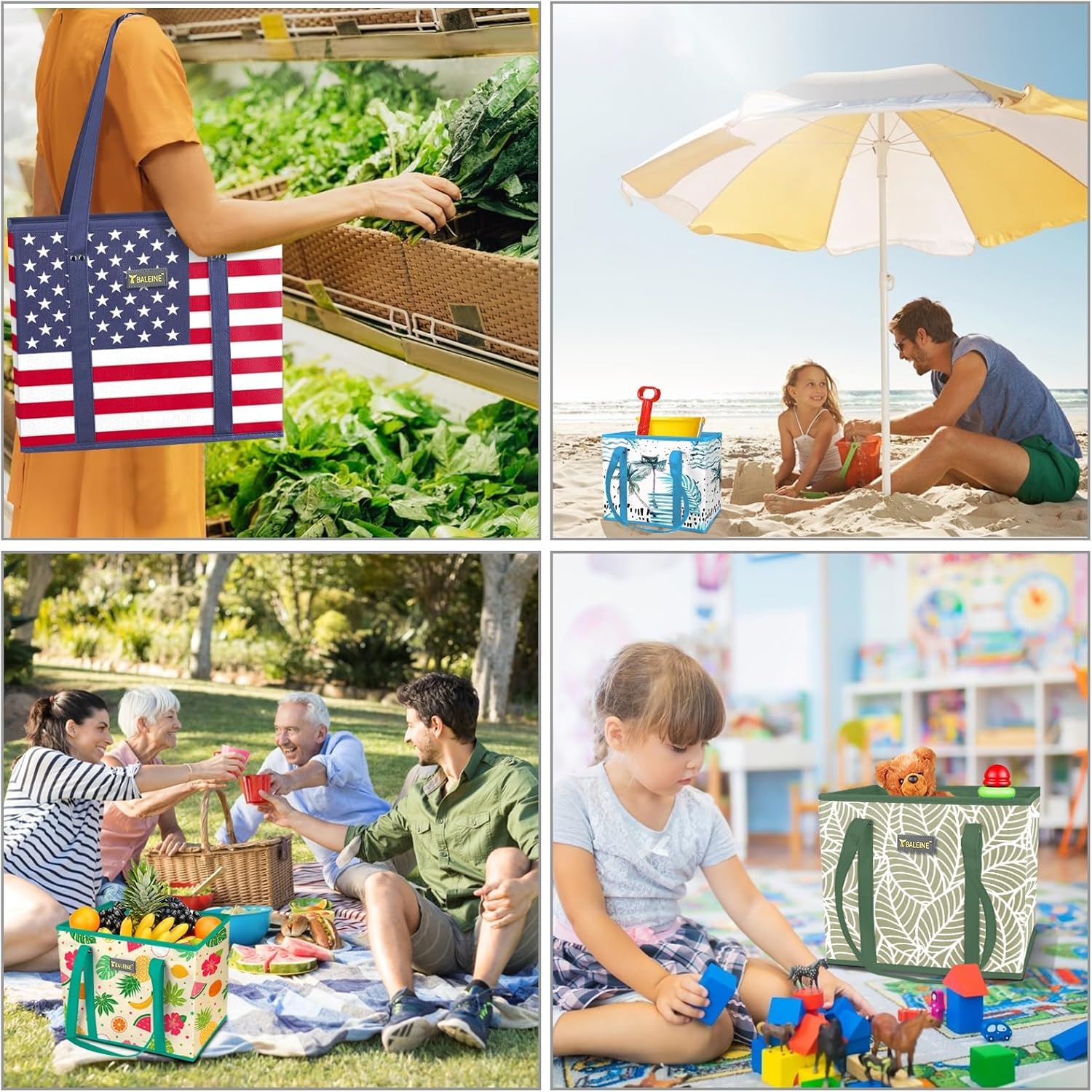 BALEINE 3Pk Reusable Grocery Bags, Foldable Shopping Bags for Groceries with Reinforced Bottom & Handles (Reindeers) - Image 6