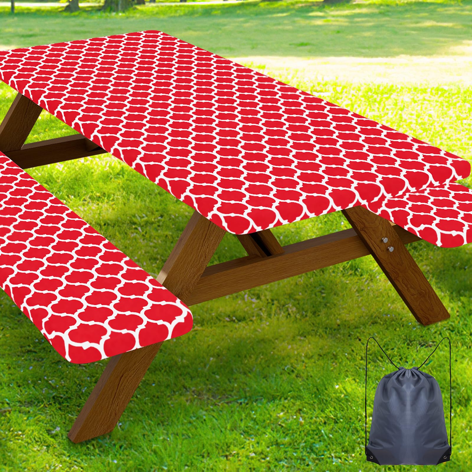 Smiry Picnic Table Cover with Bench Covers, Waterproof Elastic Fitted Tablecloth for 8 Foot Tables, Washable Polyester Tablecloths for Camping, Indoor &amp; Outdoor (Red, 30x96 Inch 3-pc Set)