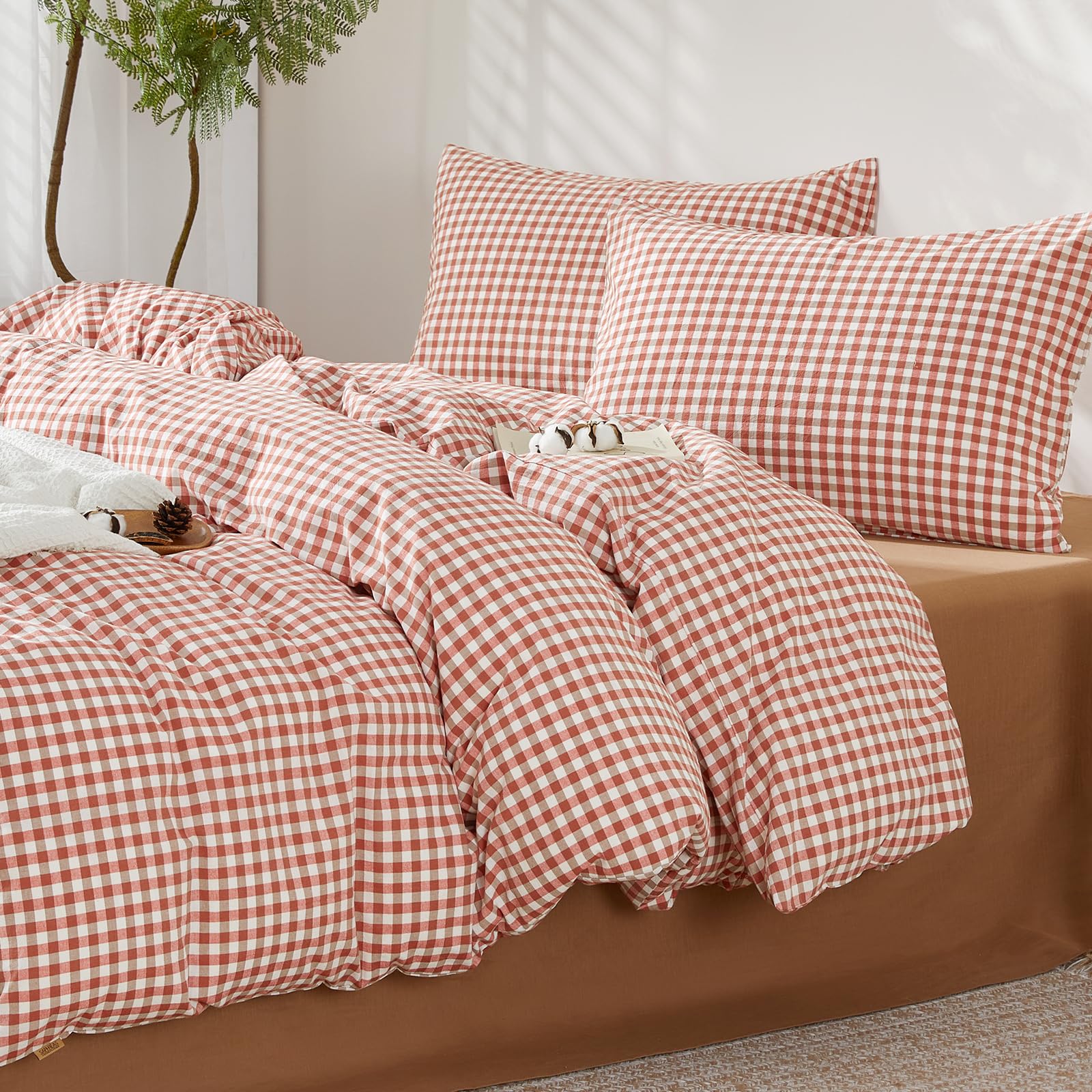 SAPHREAS Brick Red Gingham Duvet Cover Set 100% Washed Cotton Double Size 3Pcs Check Modern Grid Bedding Soft Plaid 1 Yarn-dyed Duvet Quilt Cover with Zipper 2 Pillowcases, Duvet Insert Not Included — image 1