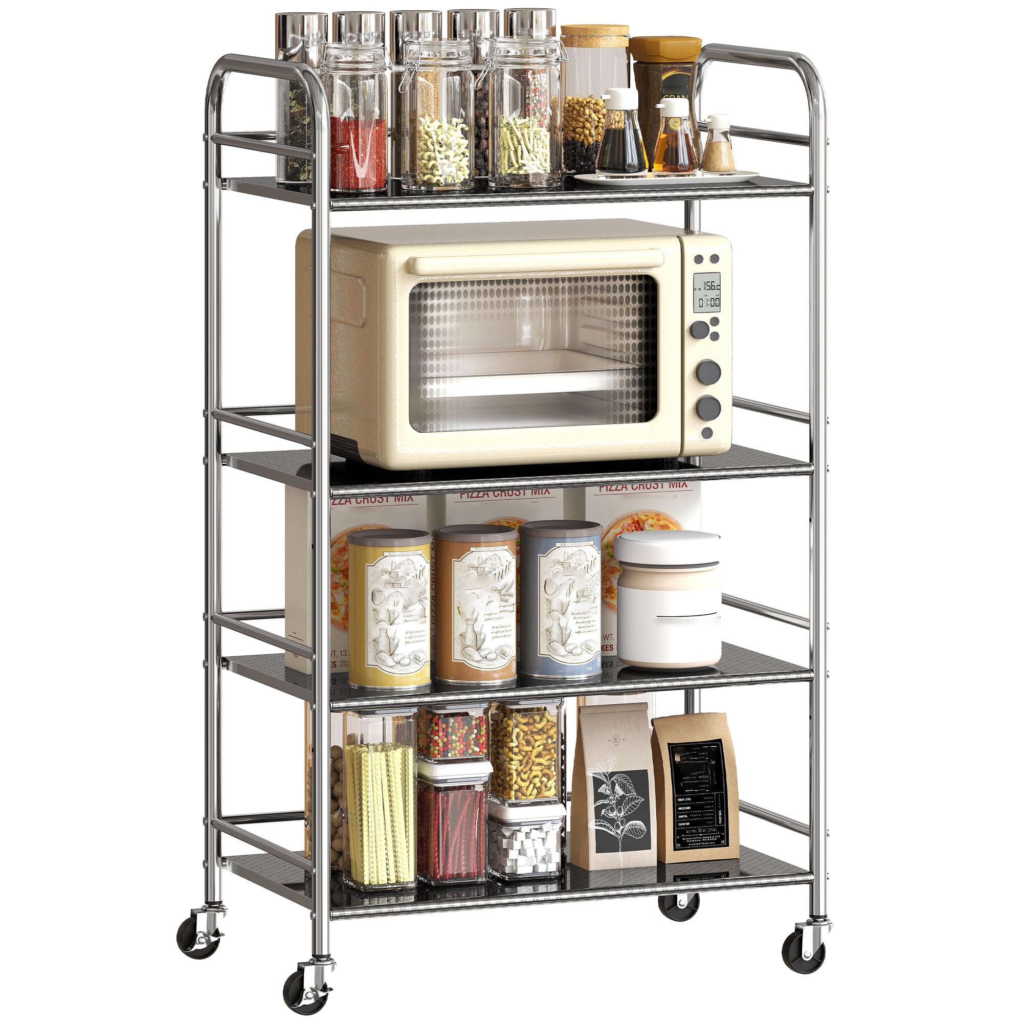 HOMCOM Carrello da Cucina a 4 Livelli con 2 Ripiani Regolabili e Bordi Rialzati, Carrello Cucina Salvaspazio in Acciaio Inox 201 con 4 Ruote e 2 Freni, 60x35x100 cm, Argento