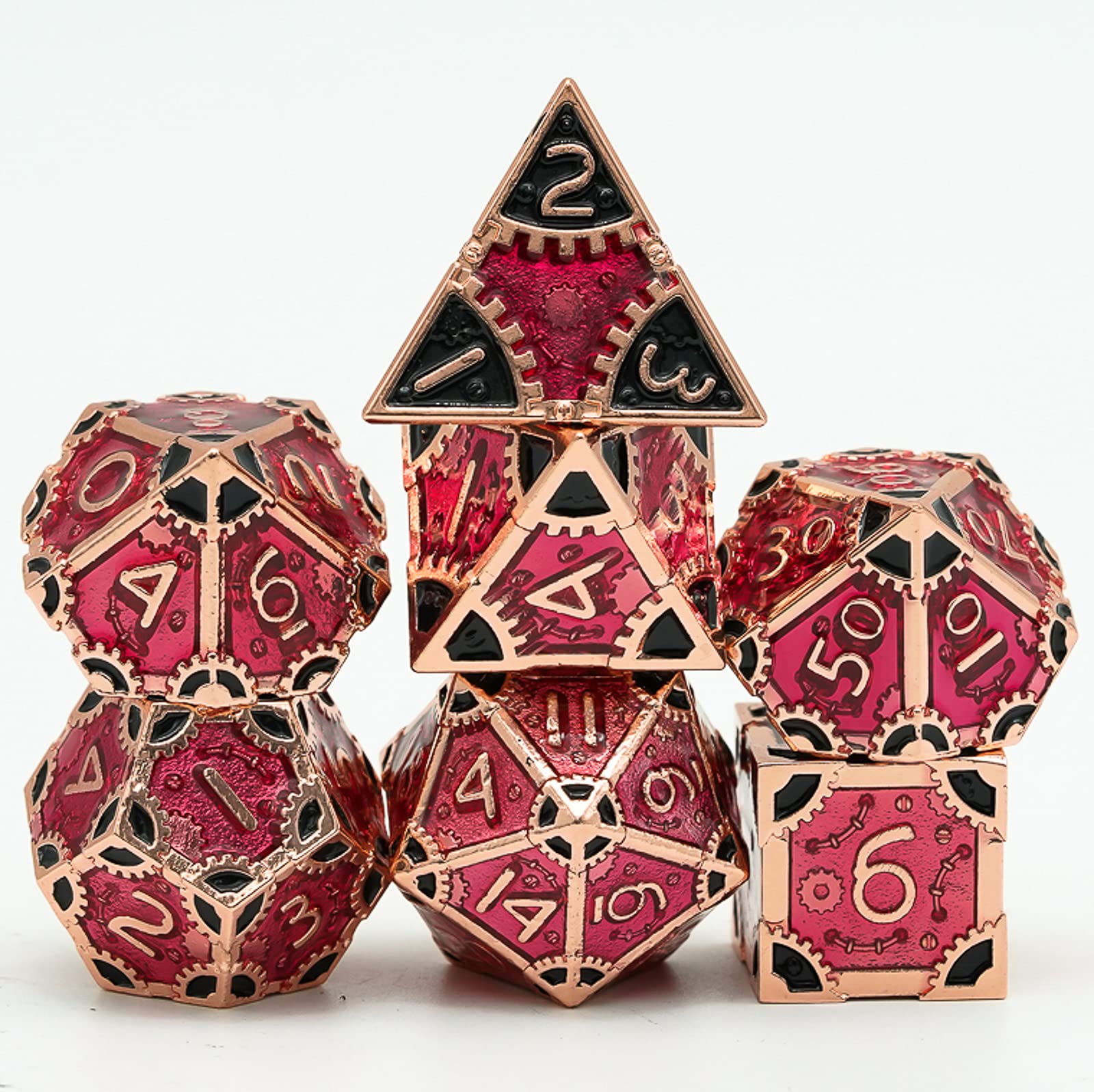 UDIXI Metal DND Dice Set, 7-Die Polyhedral D&D Dice Set for Dungeons and Dragons Role Playing Game, d and d (Red Copper-Red Black)