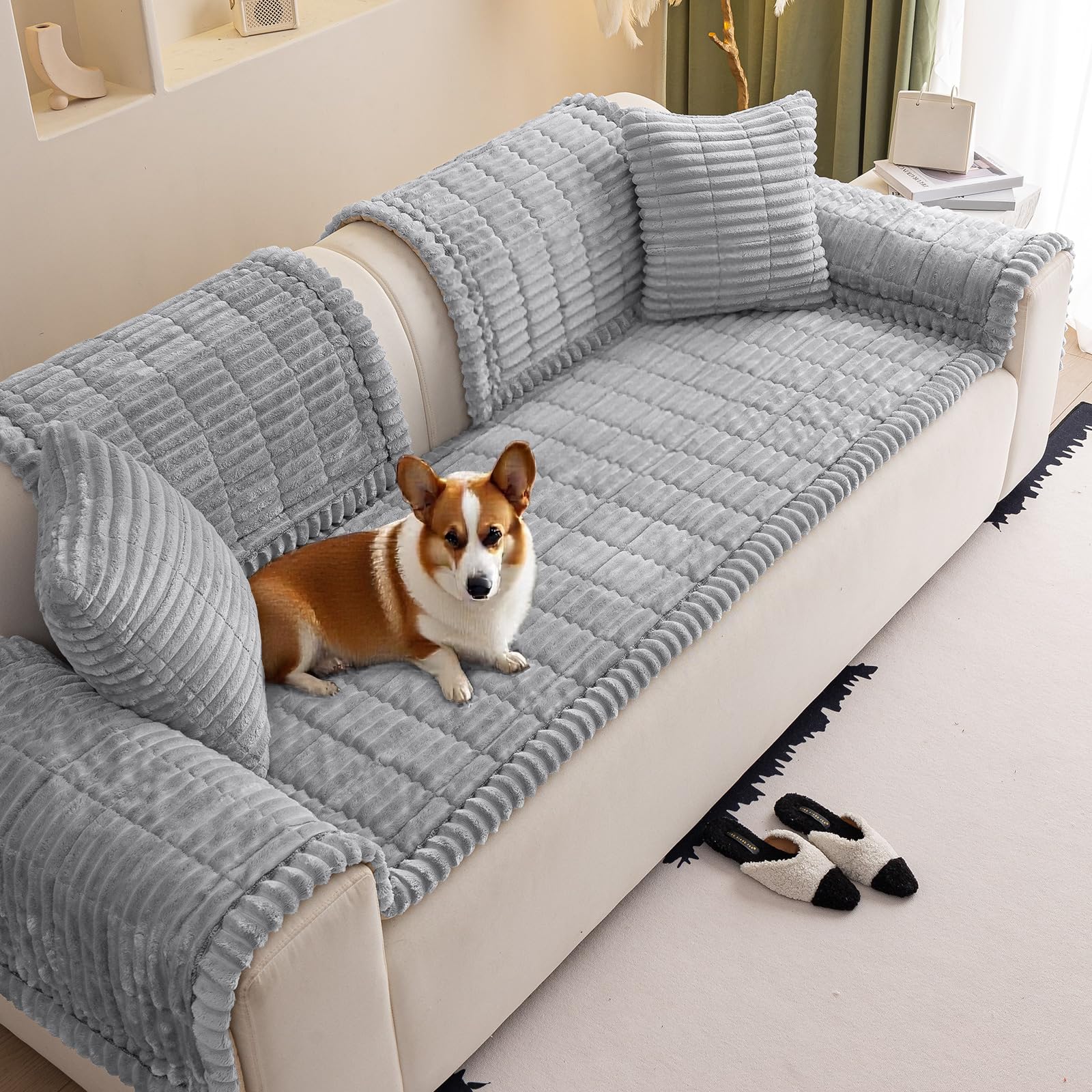 VFGFDJNDFX slumber paws sofa covers, Corduroy Sofa Cover 1 2 3 4 Seater, Non-Slip Plush Sectional Sofa Slipcovers, Pet Proof Furniture Protector (Serene Light Grey,70 * 120cm)