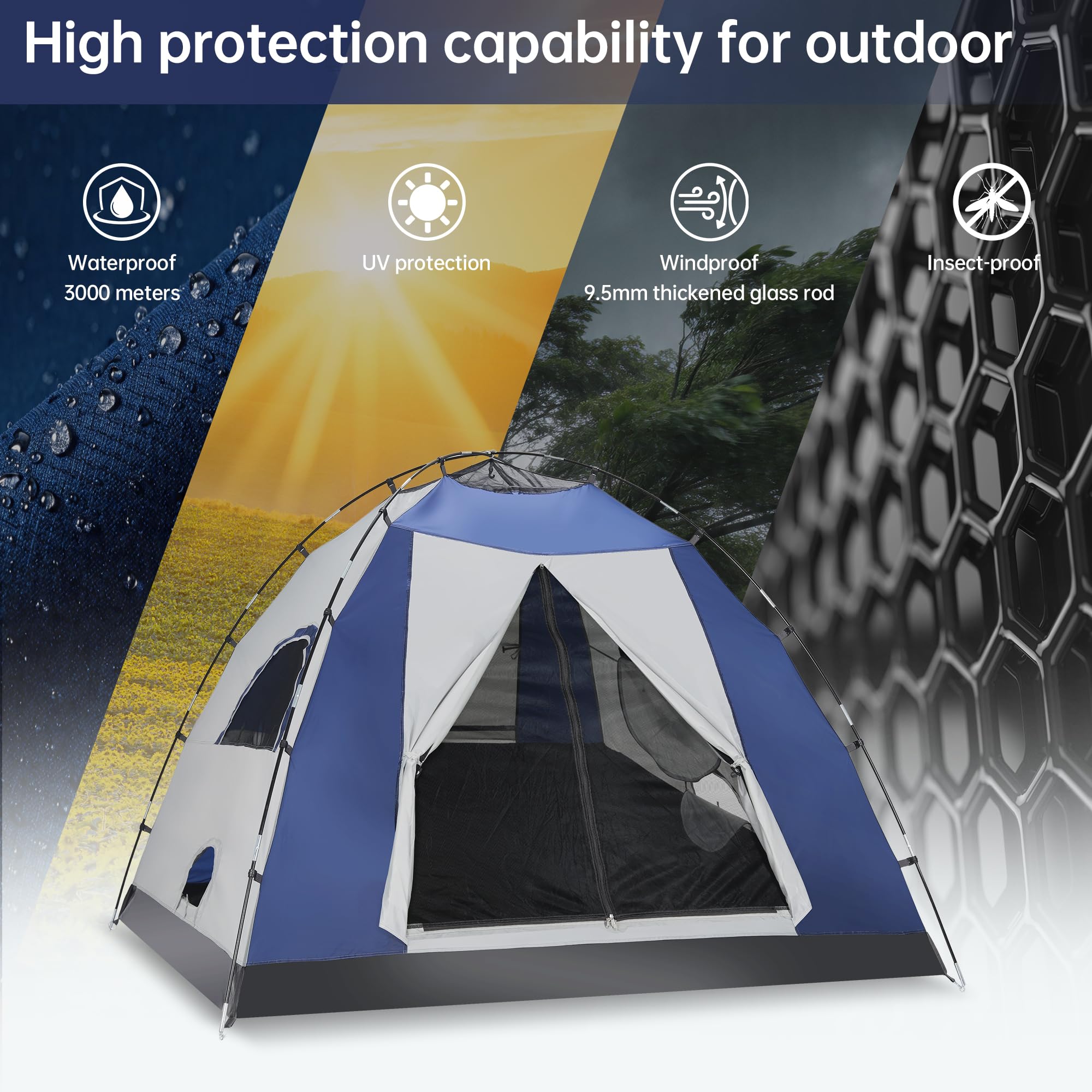 Tienda de campaña con cúpula para 2-3 personas con sala de estar y toldo, doble capa impermeable, ligera, fácil de instalar, bolsa de transporte portátil para senderismo, 210 x 210 + 150 x 160 cm