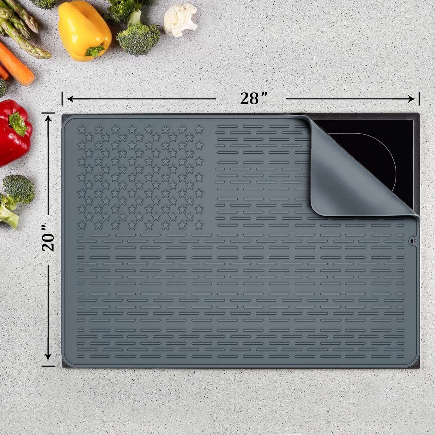 AWINNER Silicone Electric Stove Cover Mat,Ceramic Stove Heat Resistant Glass Cooktop Flat RV Range Stovetop top Protector,XL Dish Drying Mats for Kitchen Stars Stripes Design (Silicone Gray, 28"x20")