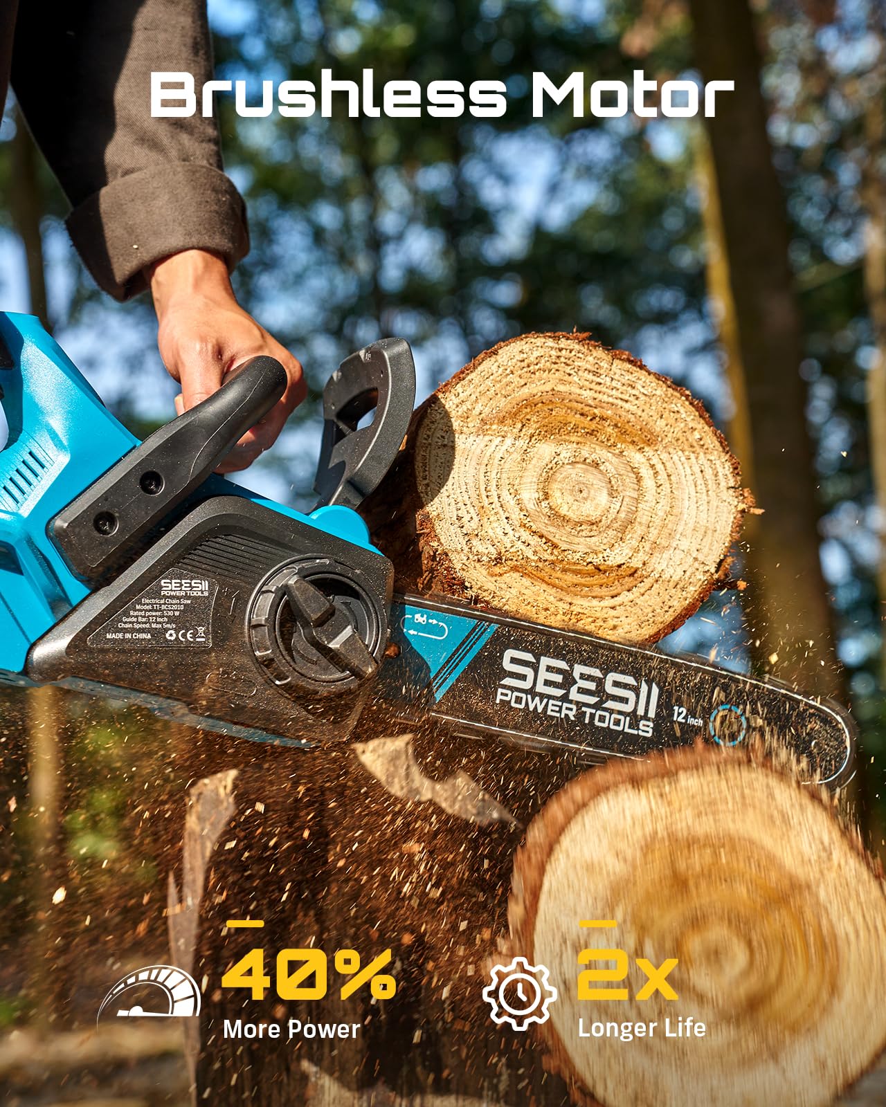 SEESII Motosierra eléctrica inalámbrica de 12 pulgadas, motosierras de mano con 2 baterías de 4.0 Ah, sierra de árbol con tensión de cadena sin herramientas, lubricación automática para cortar madera