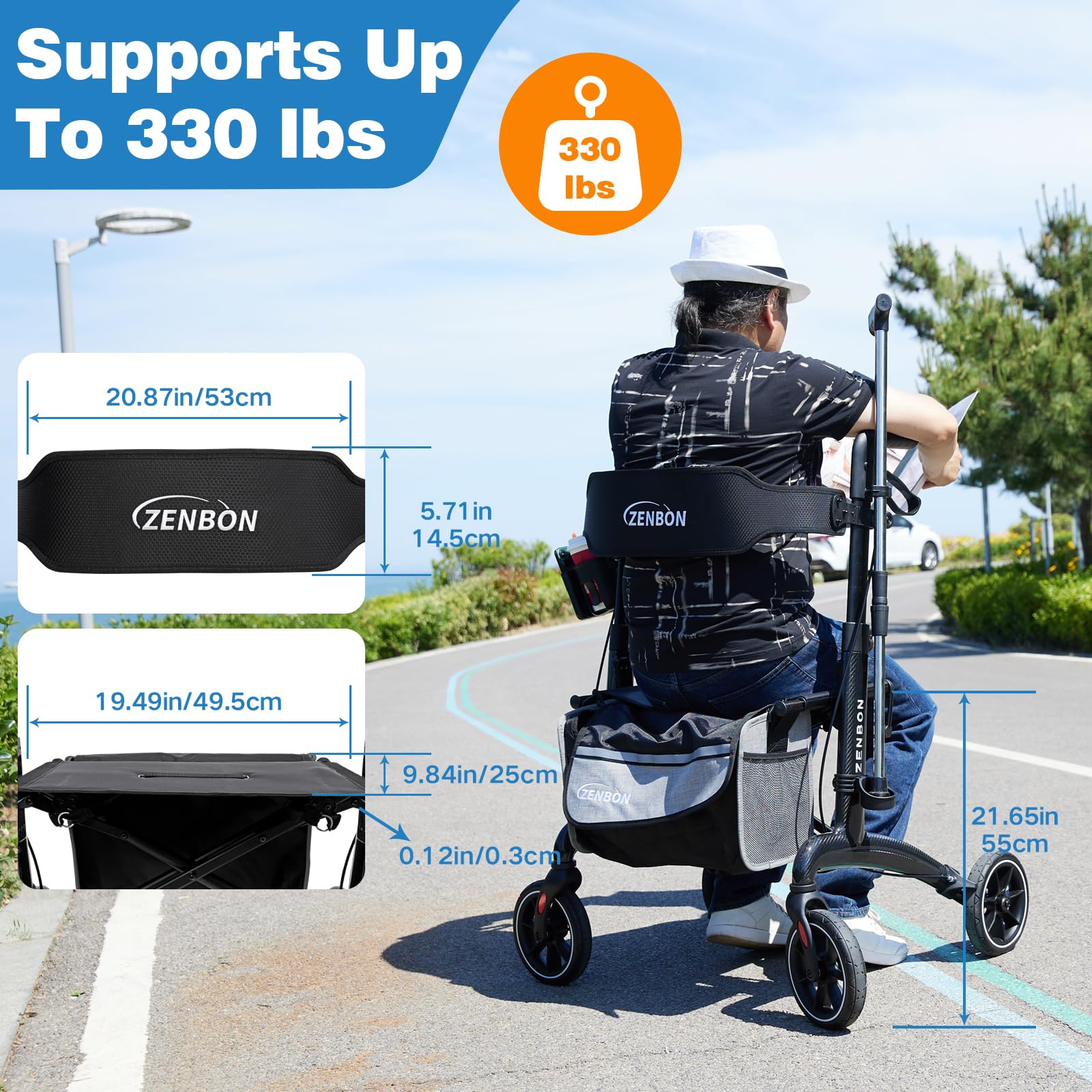 Andador para Ancianos con Asiento: Andador de Carbono Ligero y Plegable para Viajes en el Maletero - Andadores para Personas Mayores Ligeros y Delgados para el Hogar Interiores y Exteriores (Negro)