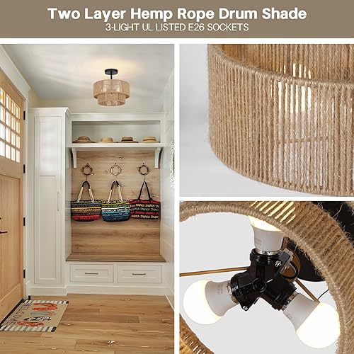 Miniatura 3 de Lámpara de techo bohemia de 12.6 pulgadas, cuerda de cáñamo costero, lámpara de techo semiempotrada, lámpara de techo de ratán rústico de 3 luces