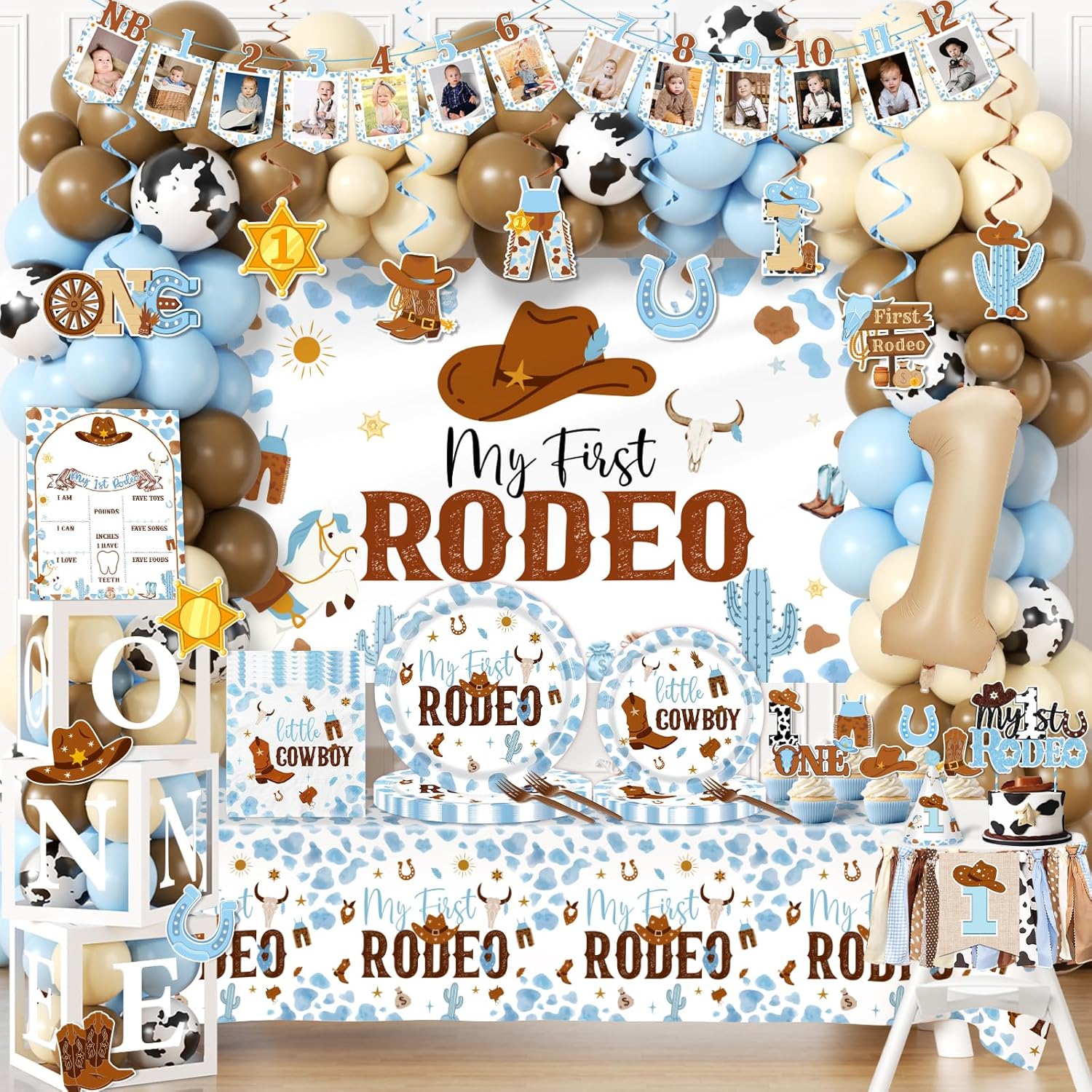 My First Rodeo Decorations Boy-239Pcs Cowboy Blue and Brown Balloon Arch Garland Kit with Tableware,Backdrop,Balloon Boxes for Boy 1st Birthday Party Supplies - Image 6