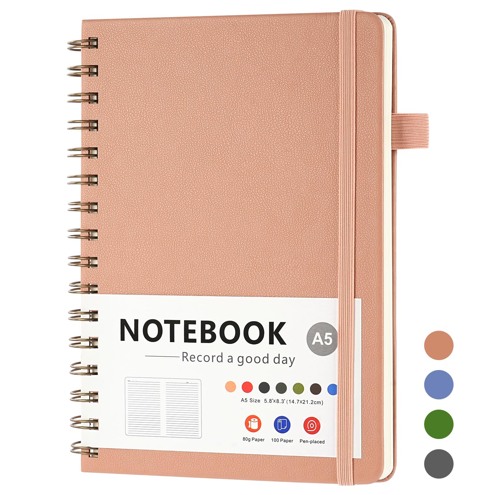 OSDUE A5 Notebook, 200Pages /100 Sheets Wirebound Spiral Notepad, Waterproof Hardcover, PVC Pocket, Lined Journal for Women Men Work Office School, 15.6 x 21.5cm, Pink