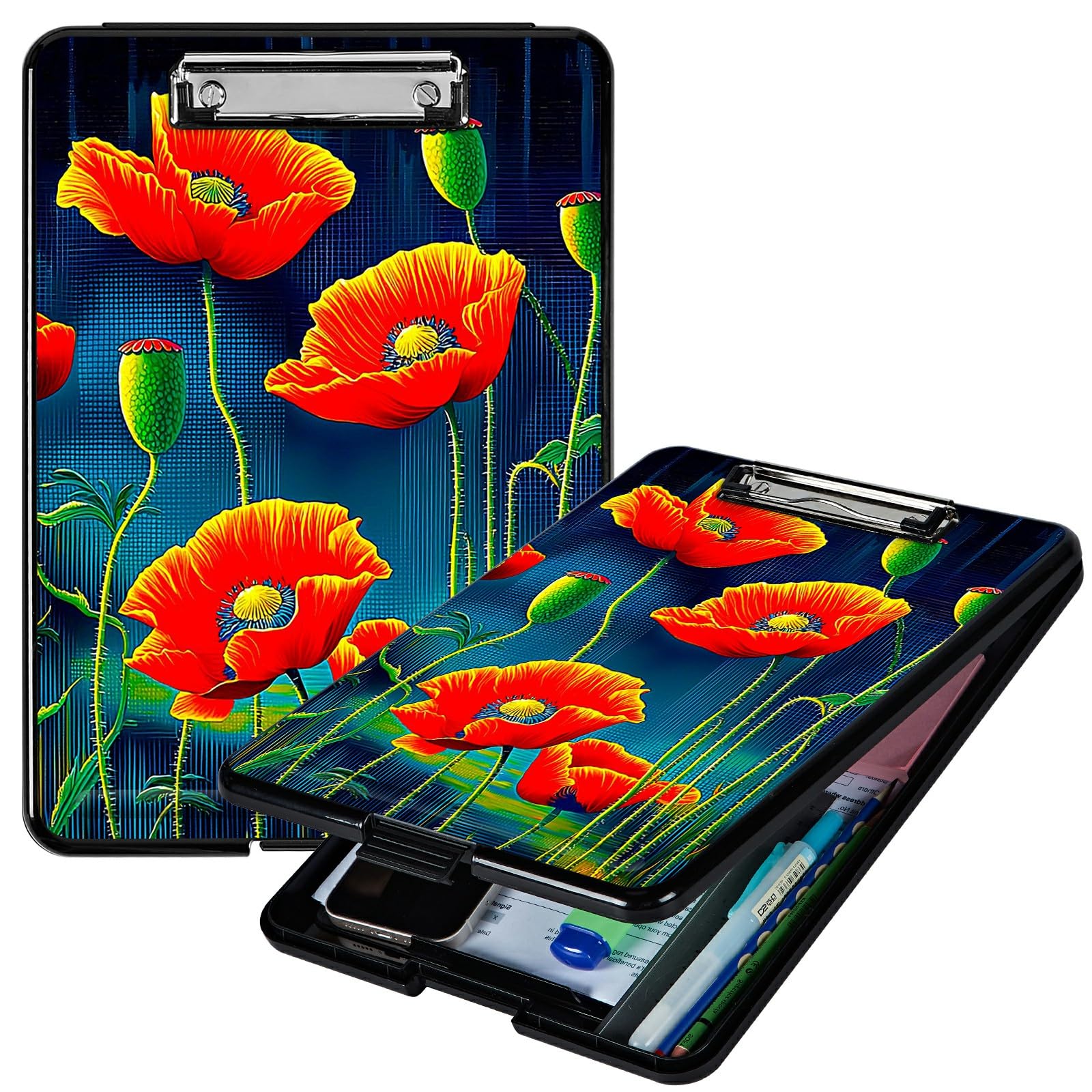 RWUTYTIUL Artistic Red Flower A4 Clipboard with Storage Pen Holder, Clipboards Organizer Nursing Clipboard Foldable File Folder Plastic Clipboard Folio Clip Board for Office Students Classroom Doctor — image 1