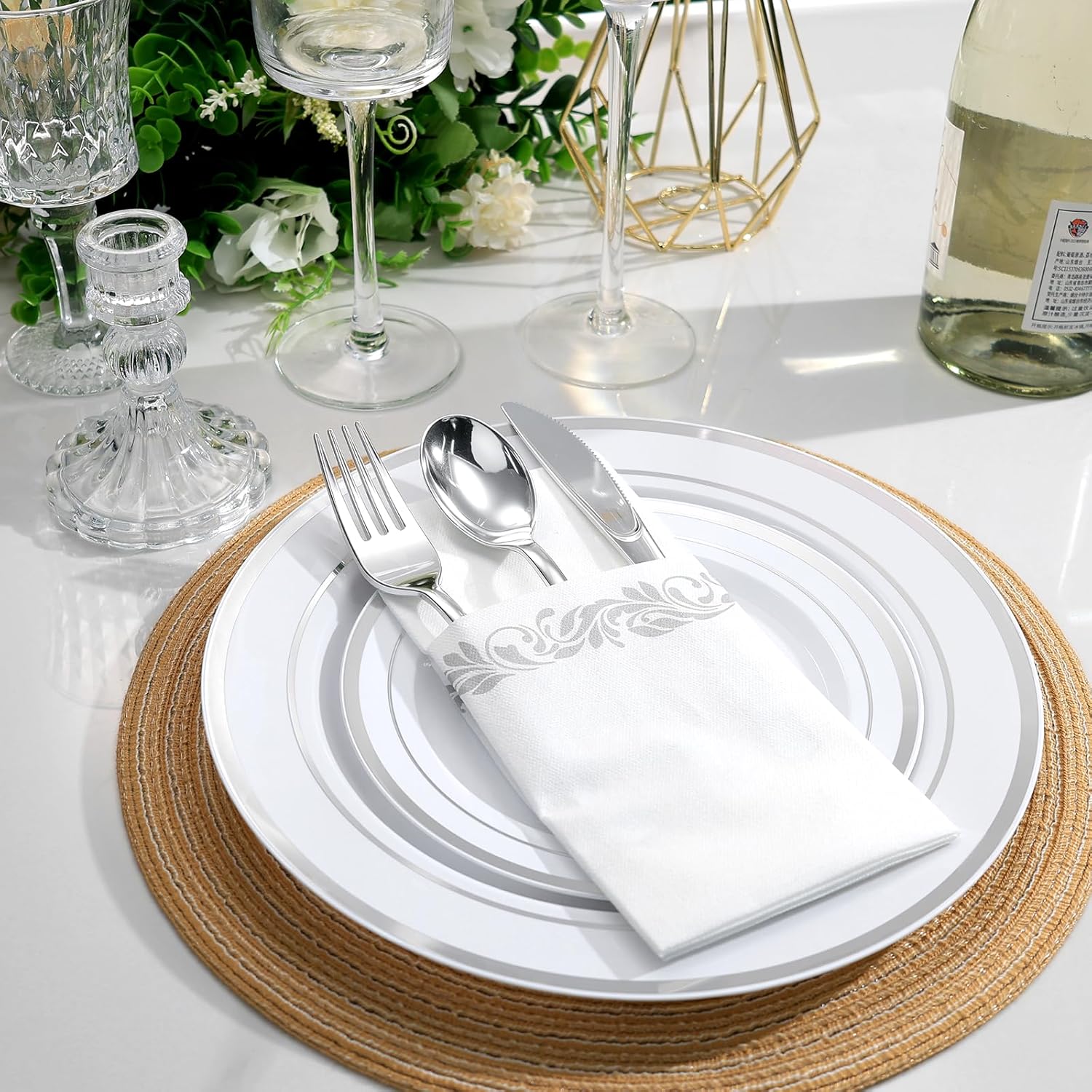 Goodluck 200 PCS Silver Plastic Silverware with Pocket Napkins for 50 Guests, Heavy Duty Disposable Cutlery & Linen Feel Napkins, Plastic Flatware with Guest Towels for Wedding, Party and Catering