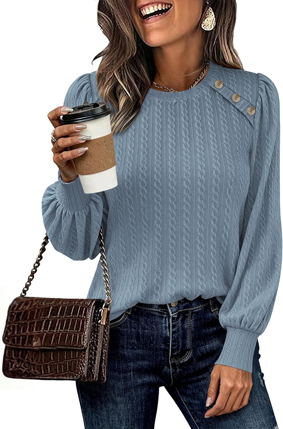 KIRUNDO Long Sleeve Shirts For Women 2025 Fall Trendy Textured Knit Going Out Tops Casual Dressy Crewneck Work Blouse Tunic