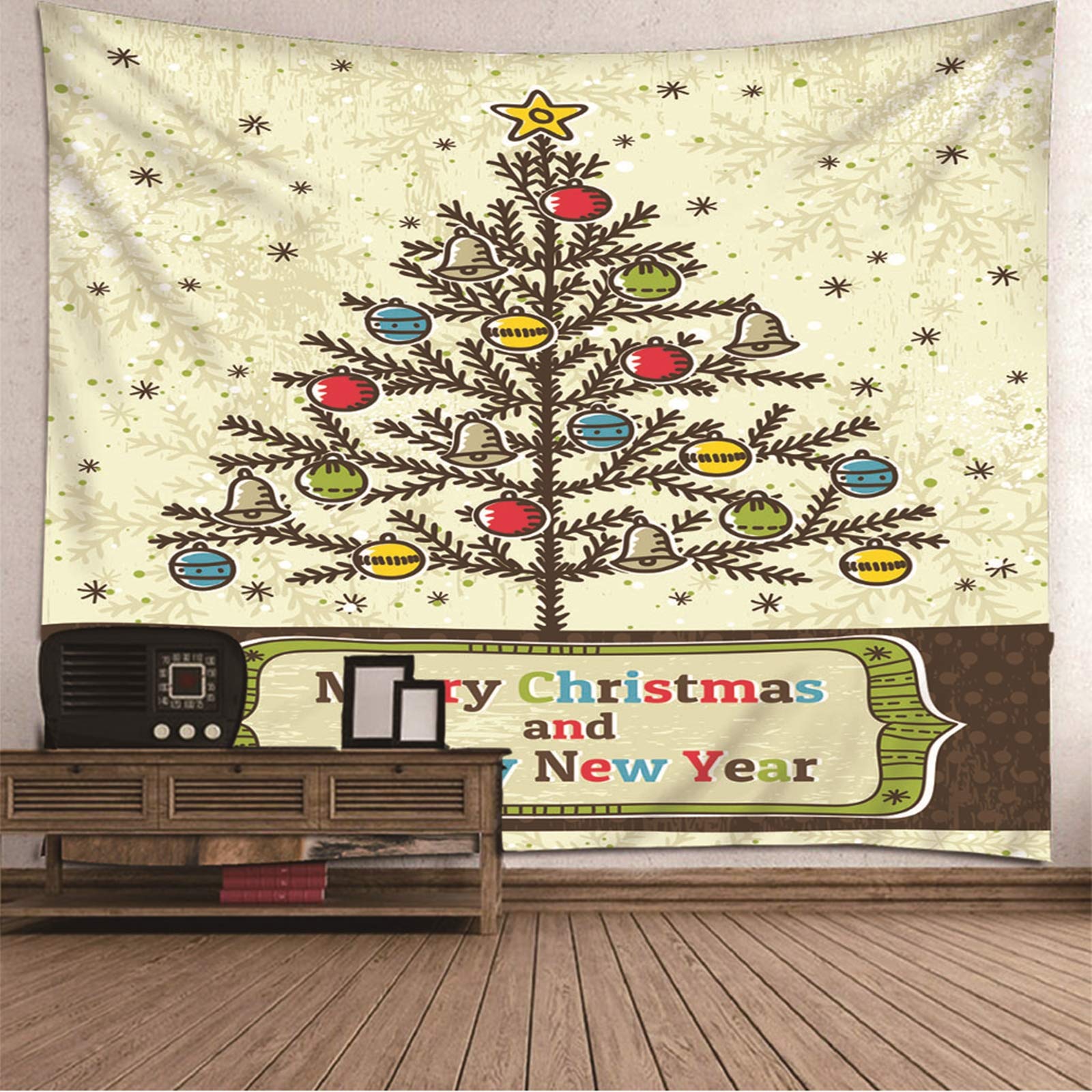 Tapiz Liso Pared, Decoracion Navidad Ventana Árbol de Navidad, Y, Campana, Copo de Nieve Beige Marrón Verde Poliéster Tapiz Pared Decoration 350X256cm