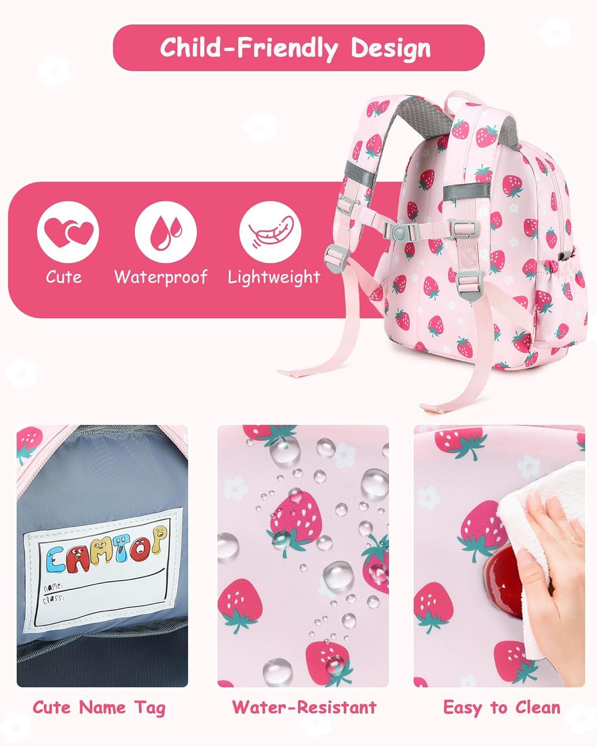 CAMTOP Toddler Backpack for Girls 2-4, 12" H Kids Backpacks for Kindergarten Preschool, Small Bookbag for Daycare Travel (Pink Strawberry, 12''- Not fit A4 folder)