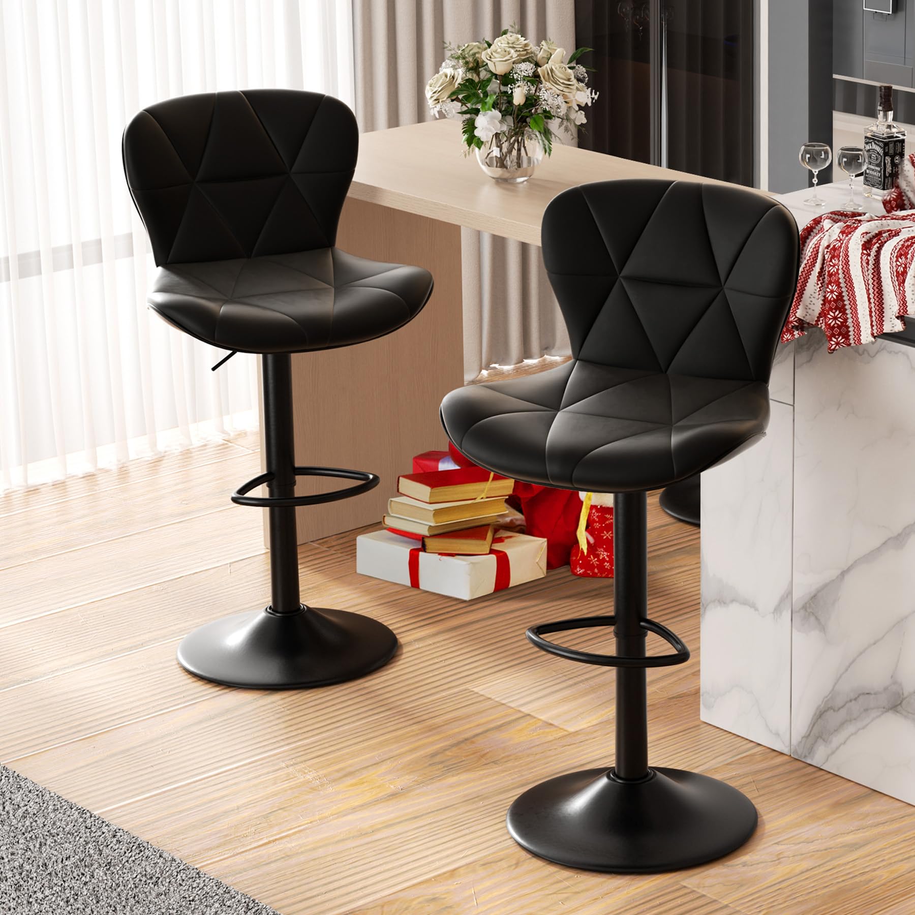 Hawthyhome Barhocker FU01034|Barstuhl Höhenverstellbar mit Rückenlehne, Höhenverstellbar, 360° Drehbar, Kunstleder, für Esszimmer Heimbar Kücheninsel, 2 x Hocker