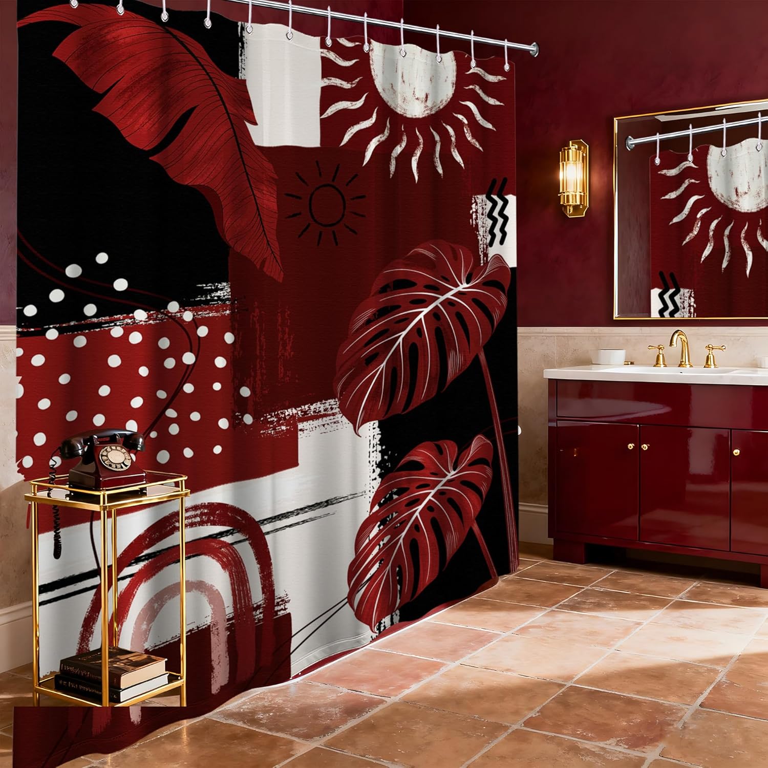 Black and Red Mid Century Modern Shower Curtain Bohemian Abstract Burgundy Shower Curtains for Bathroom Decor Sets, Waterproof Cloth Fabric with Hooks, 70x72 Inch