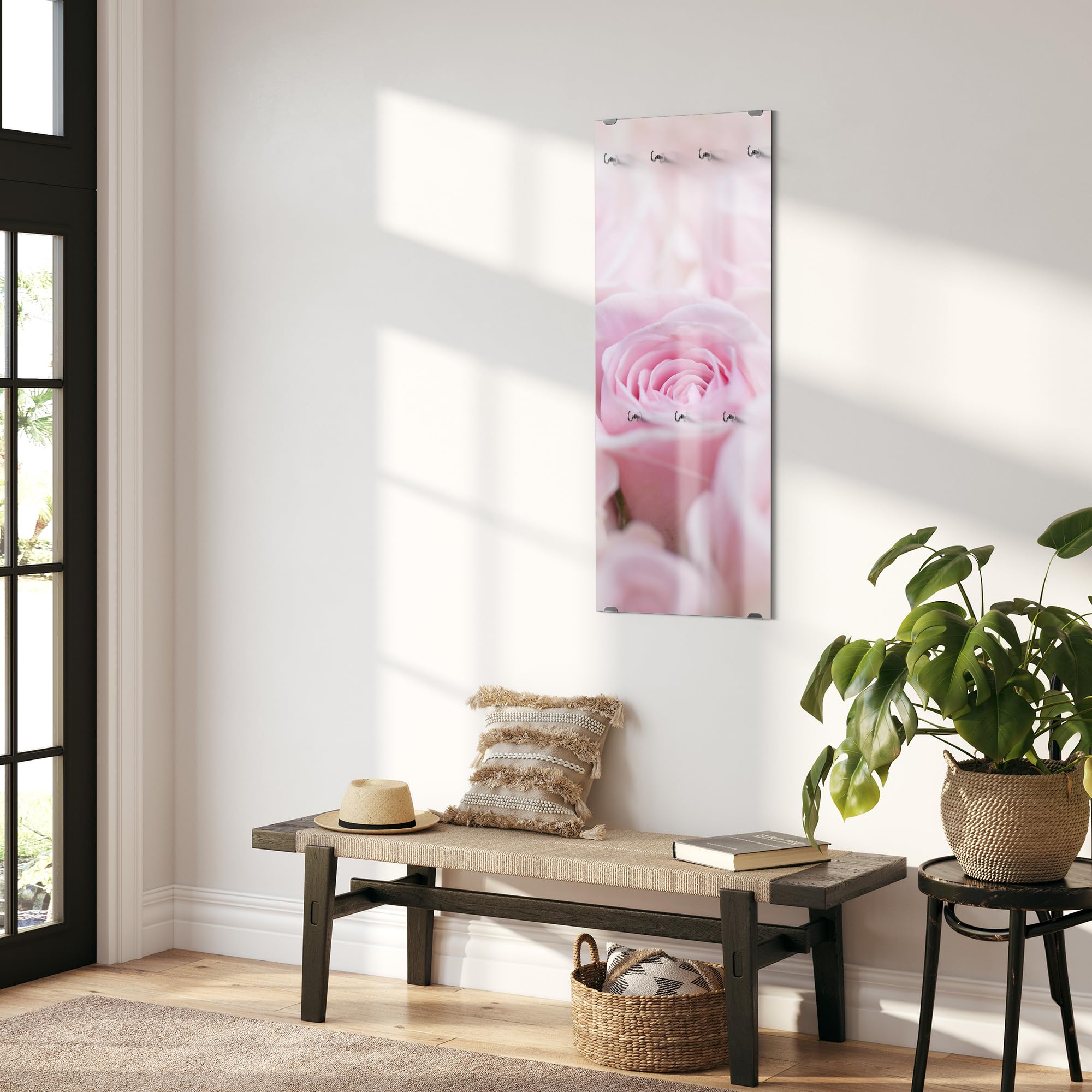 DEQORI Wieszak na ubrania ze szkła z nadrukiem motywu, wzór pionowy, 50 x 125 cm, motyw delikatnych płatków róży, szkło bezpieczne ESG z 7 haczykami, możliwość zapisywania i łatwe w montażu – łatwe w