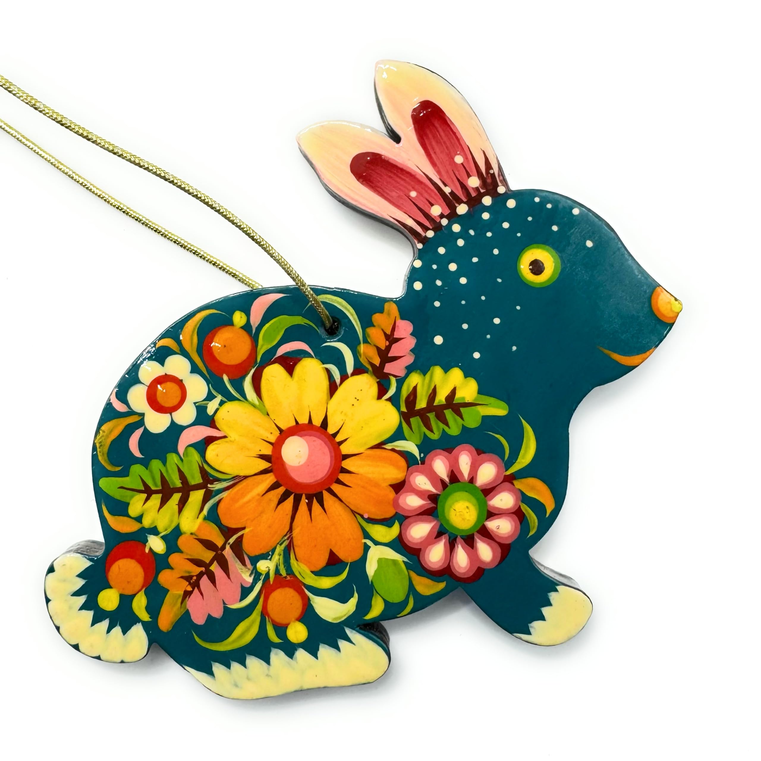 Animal Christmas Ornament Hare 9 x 8 x 0,5 cm Flat Wooden Hand-painted Animal Christmas Decorations Rural Ukrainian Traditional Petrykivka Painting โ image 1