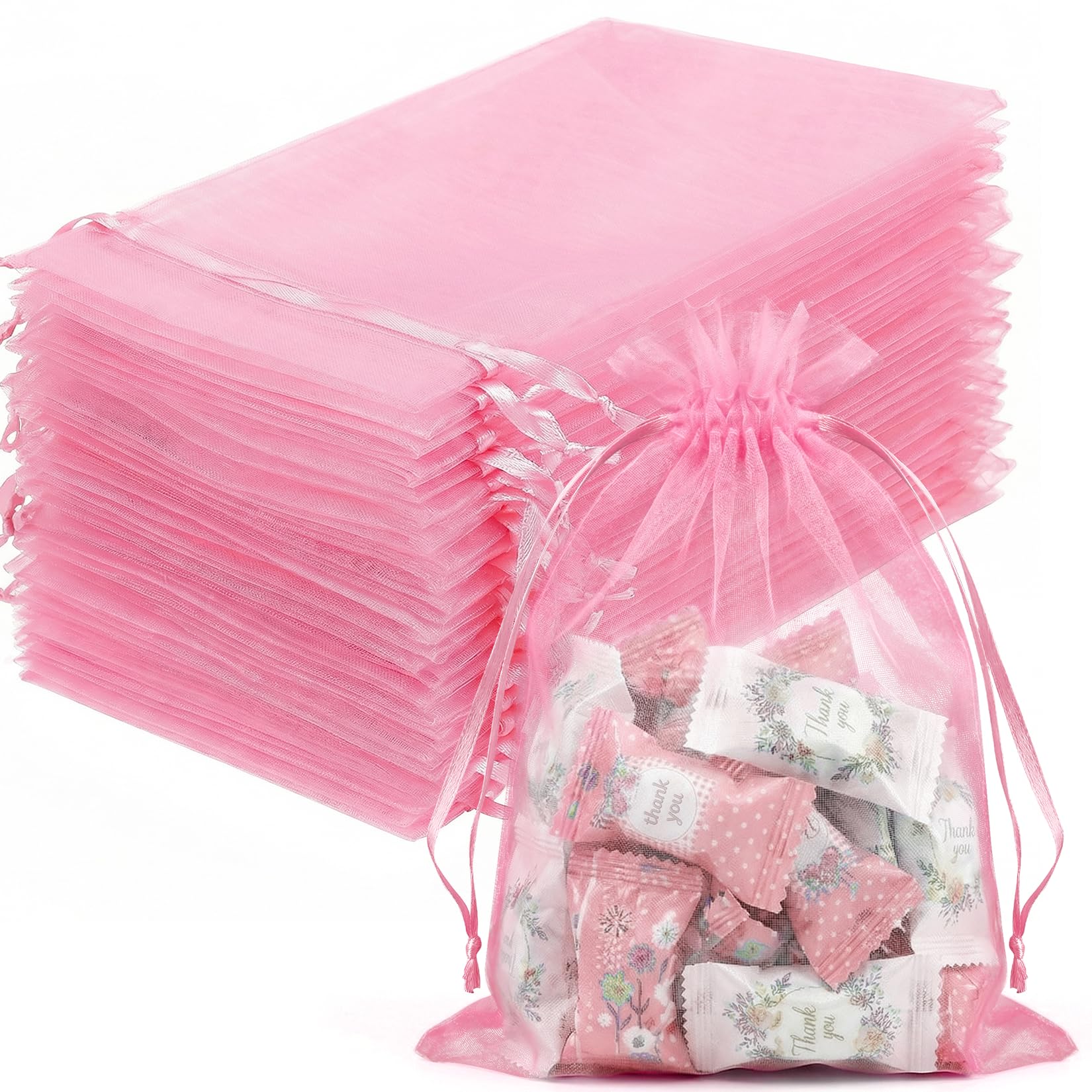 FUNFERY 100 Pcs Pink Organza Bags 5x7 in, Small Mesh Drawstring Gift Bags for Sachet, Jewelry, Candy, Wedding Favor, Valentine's Day