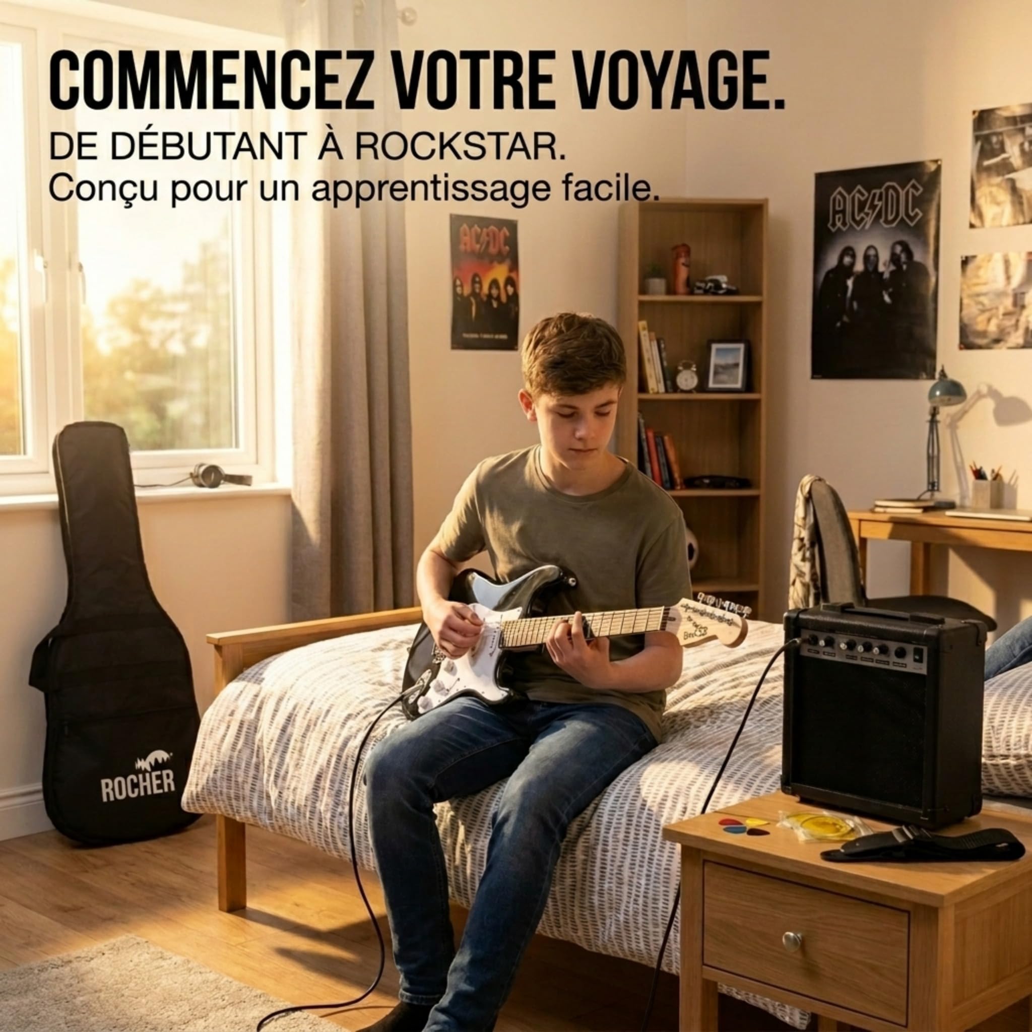 RockJam Kit Guitare Électrique Taille Standard pour Débutants, Noir, 6 Cordes avec Ampli 10 W, Housse, Sangle, Câble, Médiators et Vibrato