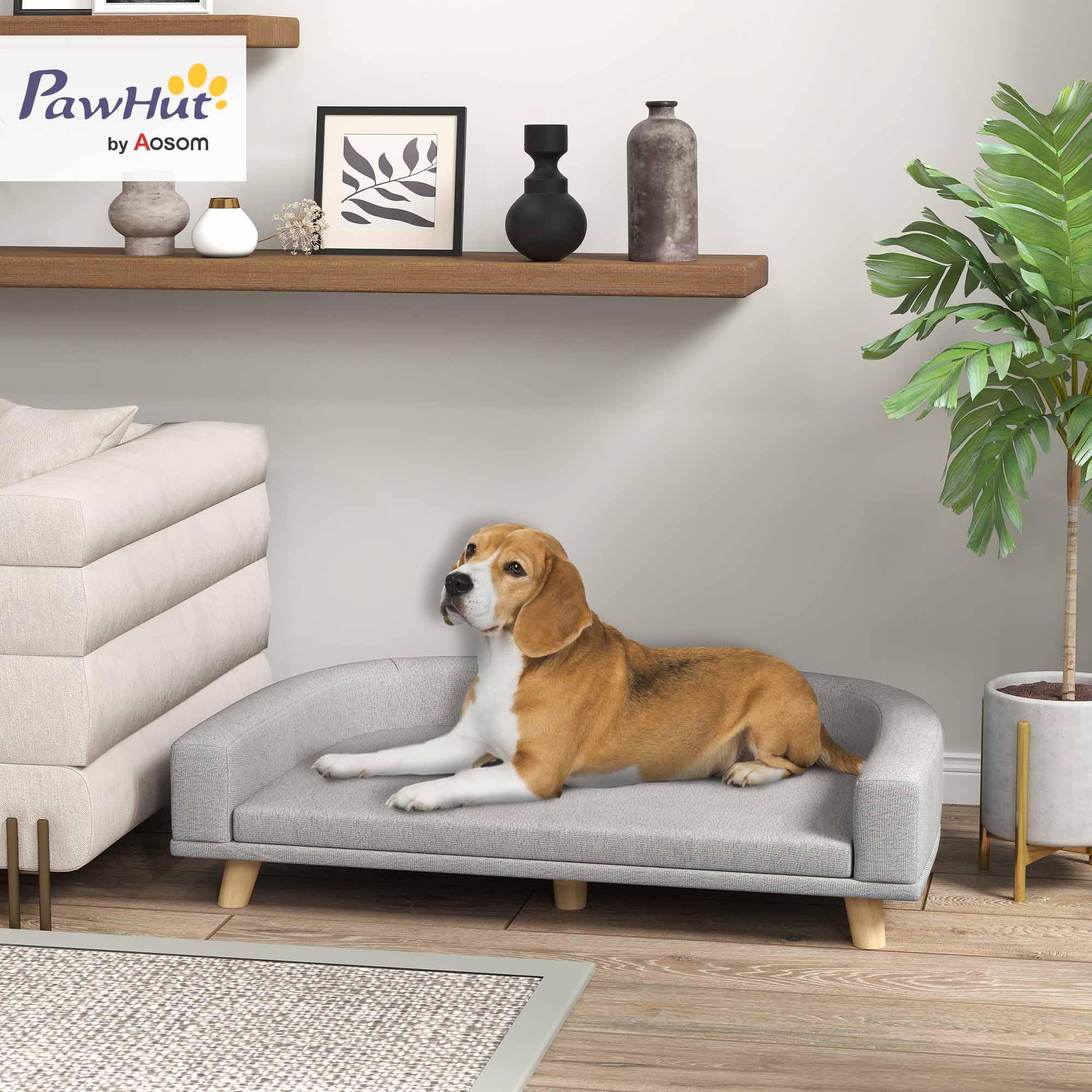 PawHut Divano per Cani di Taglia Grande con Gambe Rialzate e Cuscino Sfoderabile, Divanetto per Cani in Poliestere e Legno, 98x67x25 cm, Grigio
