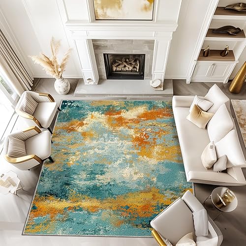 Washable Rugs 8x10 - Modern Abstract Area Rugs for Living Room, Non Slip Low Pile Foldable Print Rug for Bedroom Dining Room Office Teal Orange Gold